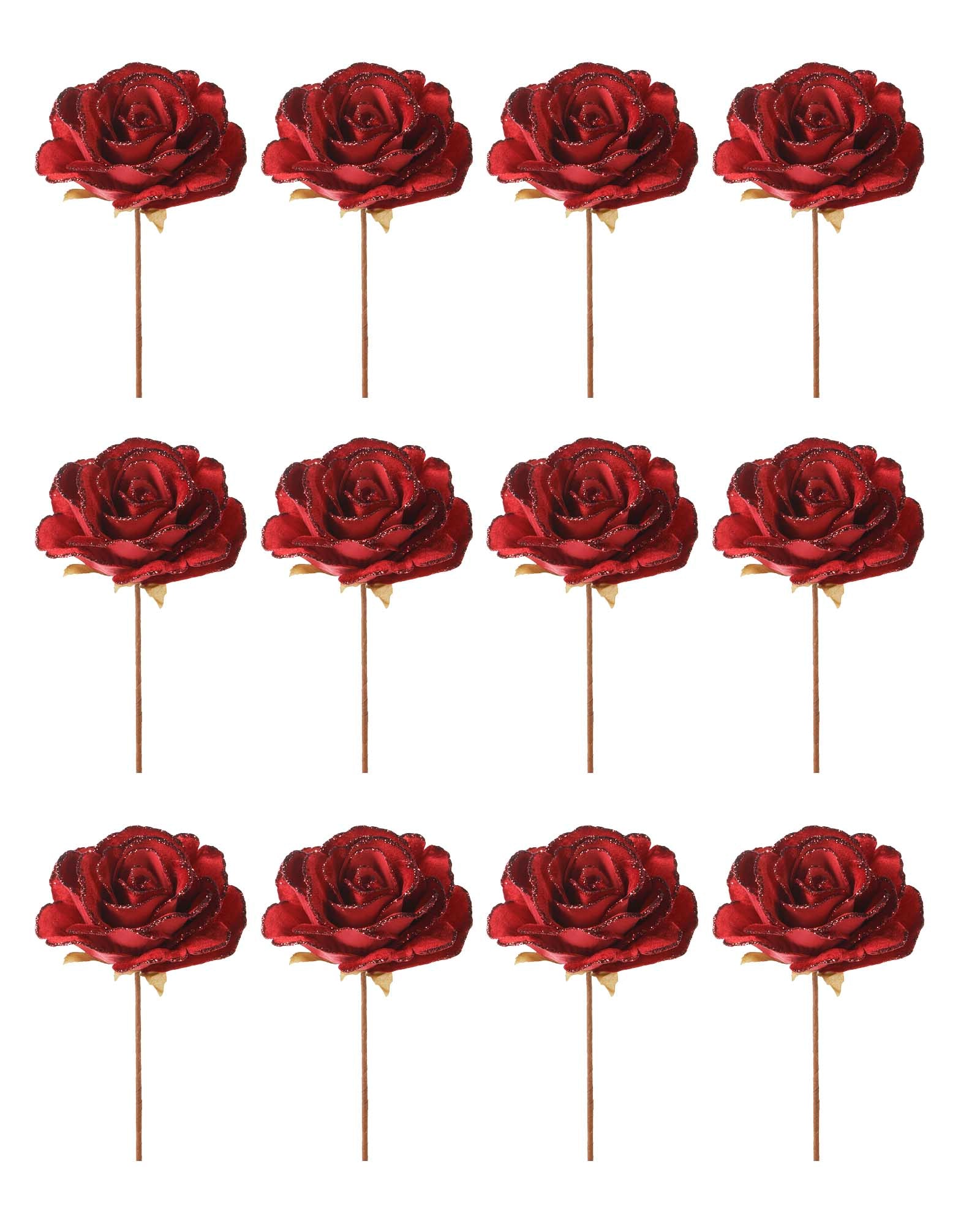 Set of 12 Red Artificial Glitter Roses, 13 cm