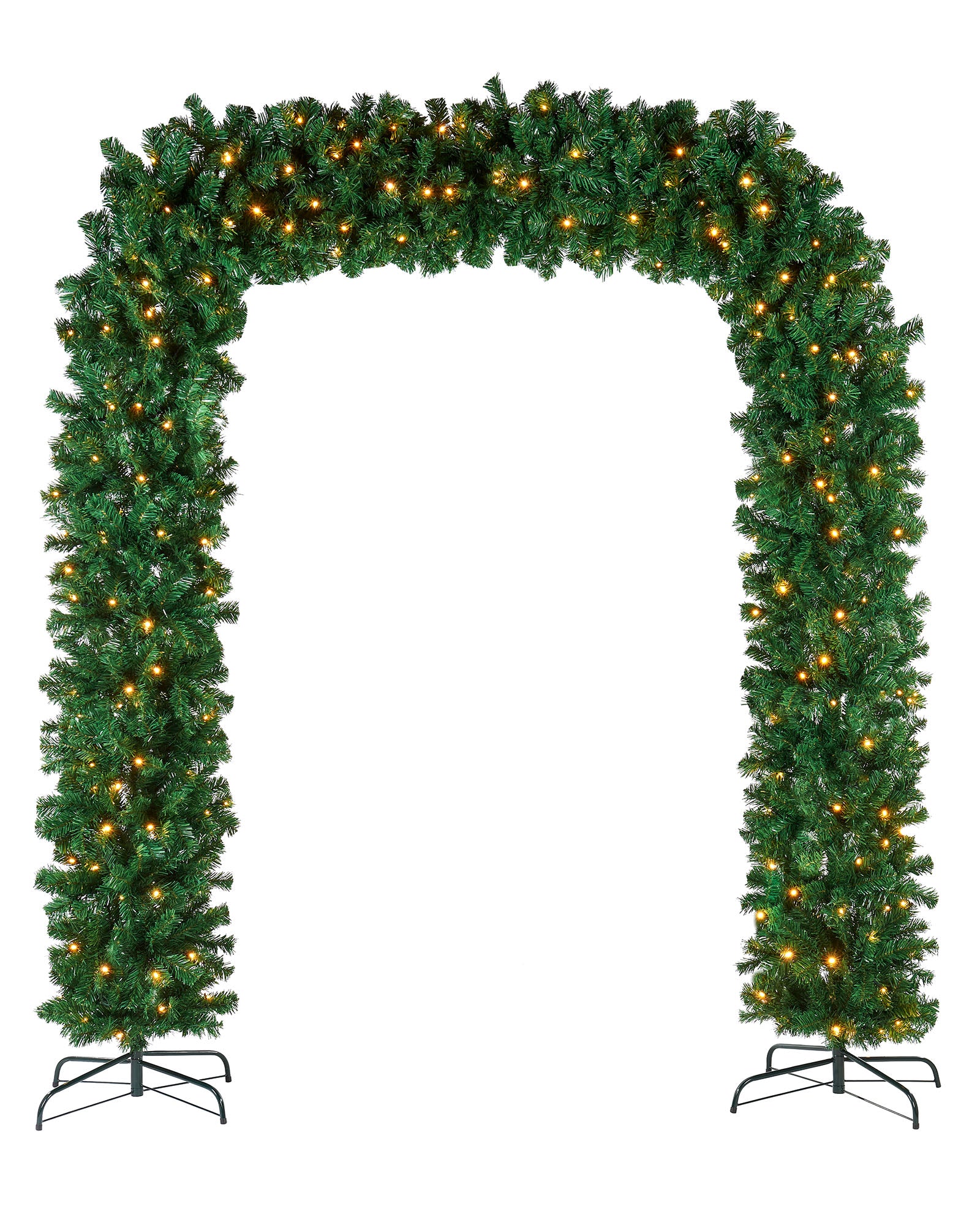 A close-up of a pre-lit, extra thick, mixed pine snow flocked garland with pinecones and berries, featuring warm white LED lights.