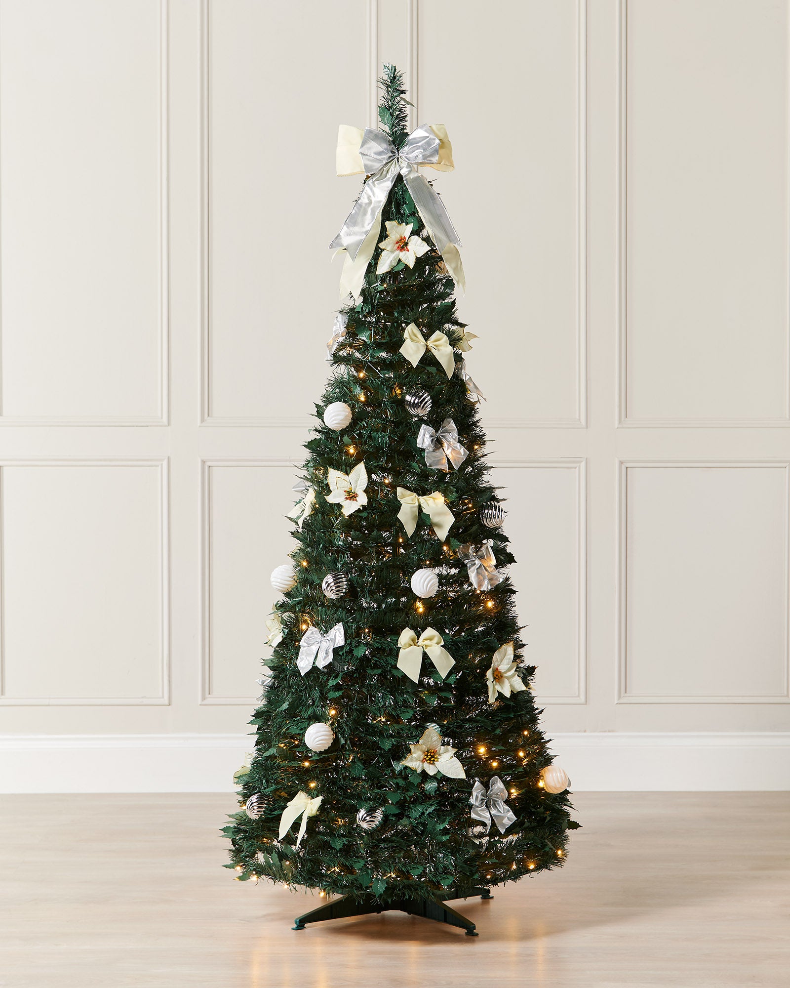 Pre-Lit Pop-Up Decorated Christmas Tree, White, 6 ft