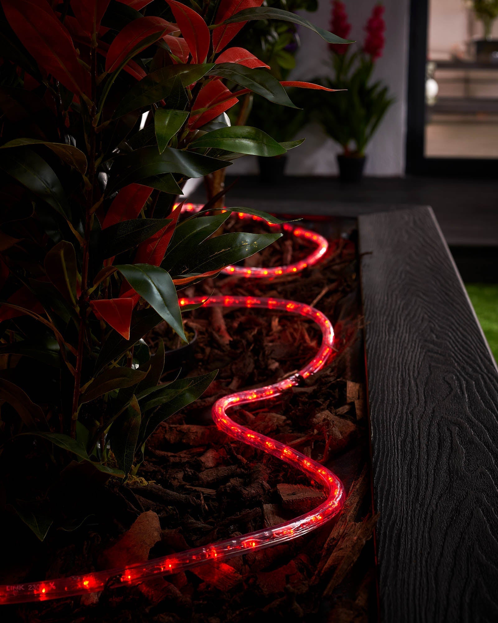 A red LED rope light placed among plants, illuminating the area with a vibrant glow.