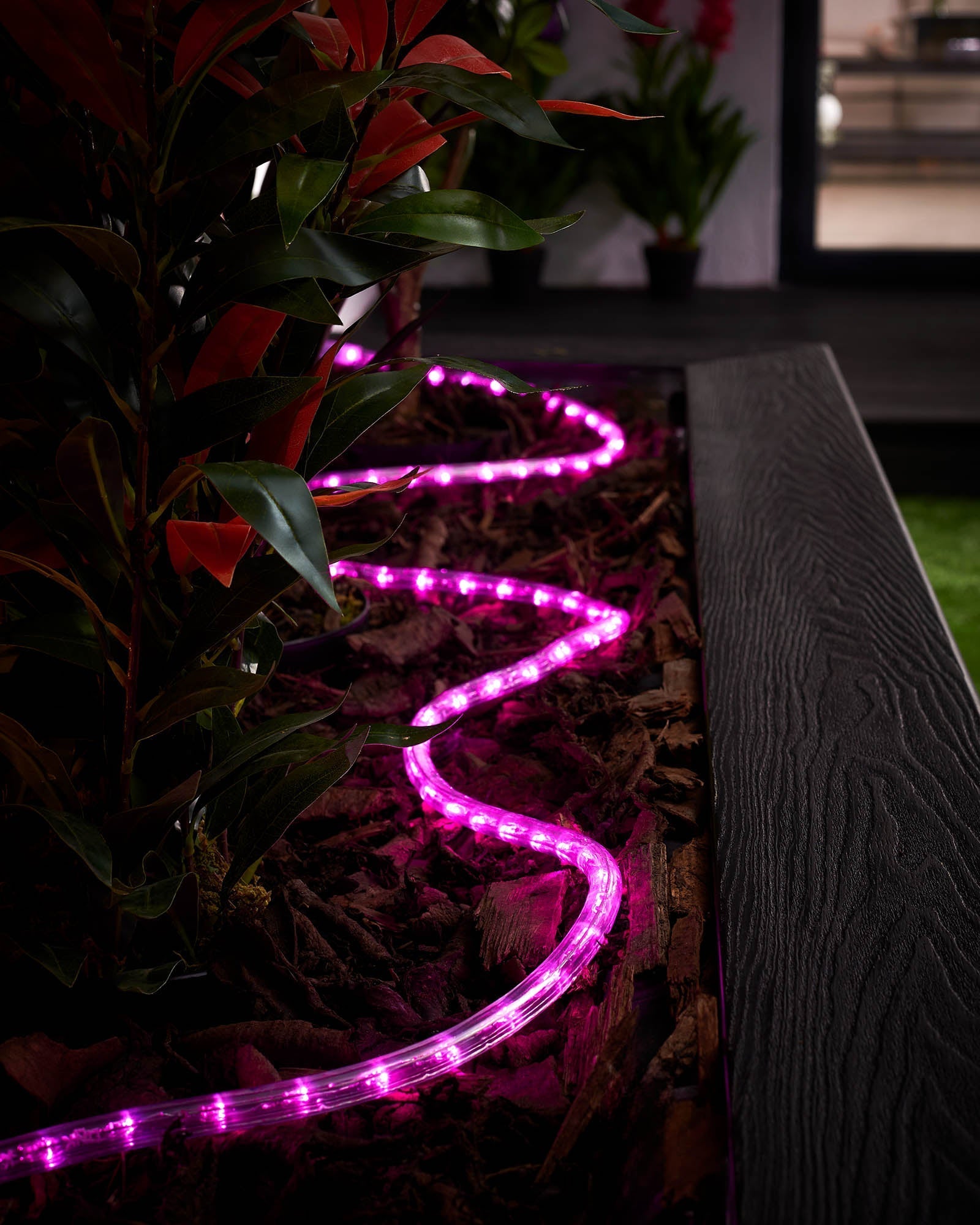 A pink LED rope light installed outdoors, likely in a garden or outdoor pathway setting, providing a vibrant, decorative glow.