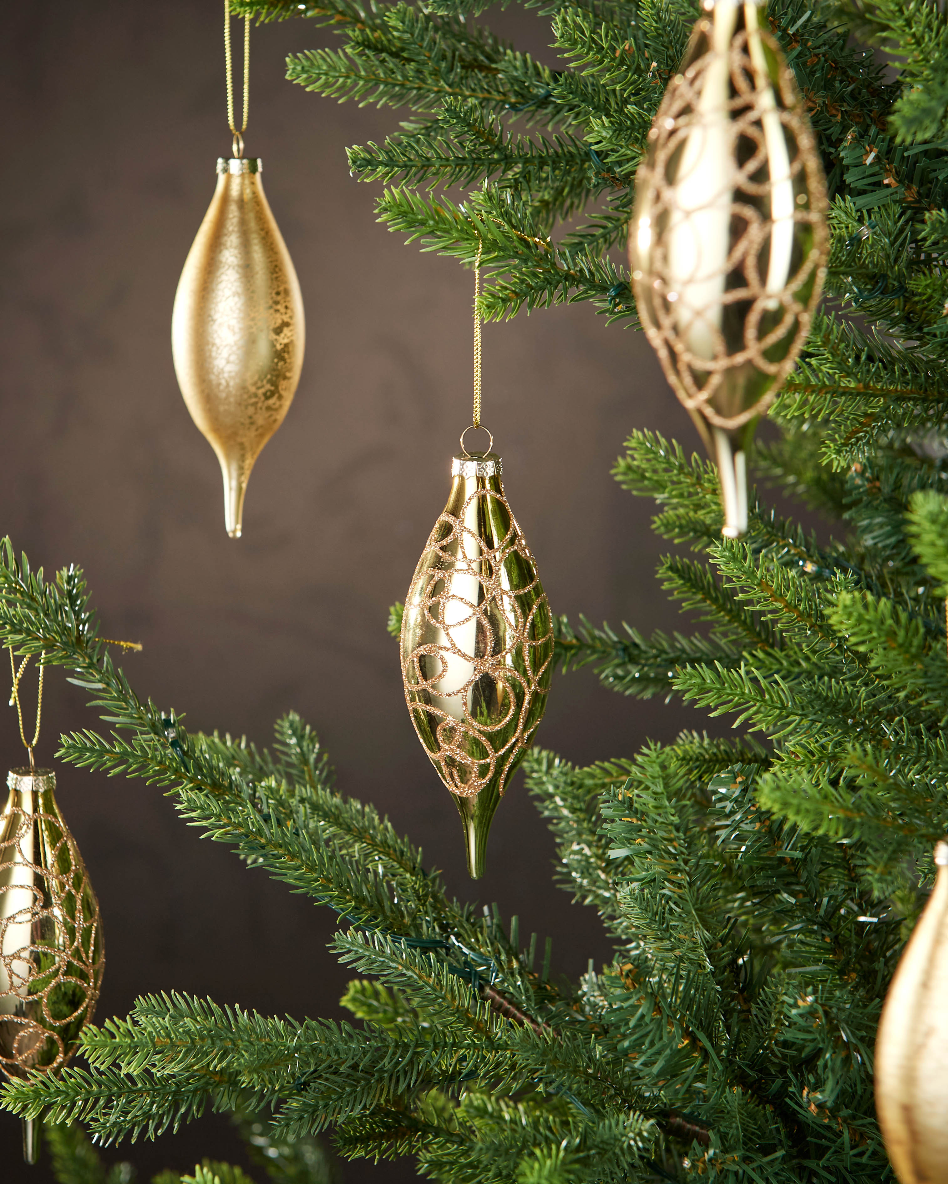 Set of 5 Large Glass Teardrop Baubles, Gold, 15 cm