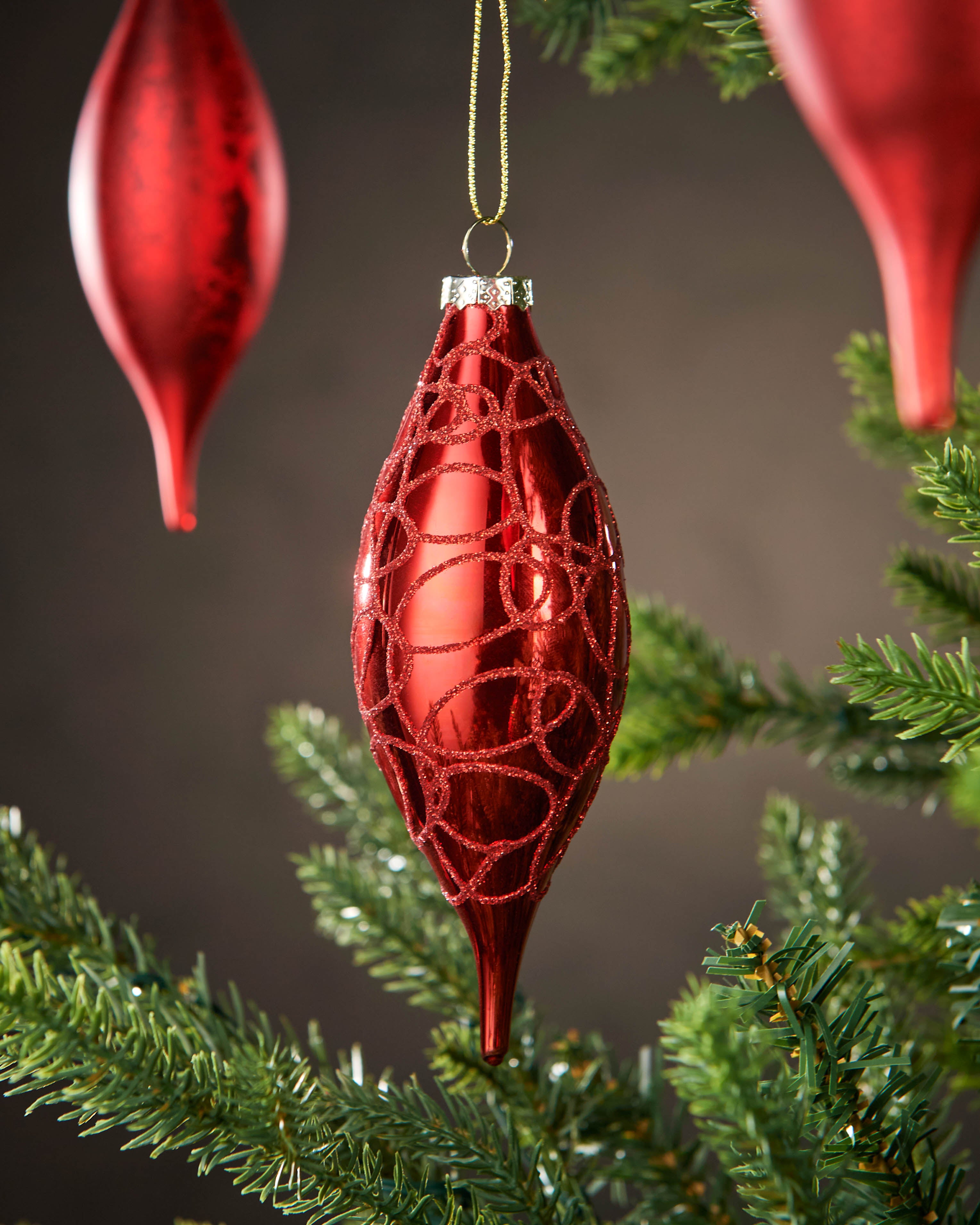 Set of 5 Large Glass Teardrop Baubles, Christmas Red, 15 cm
