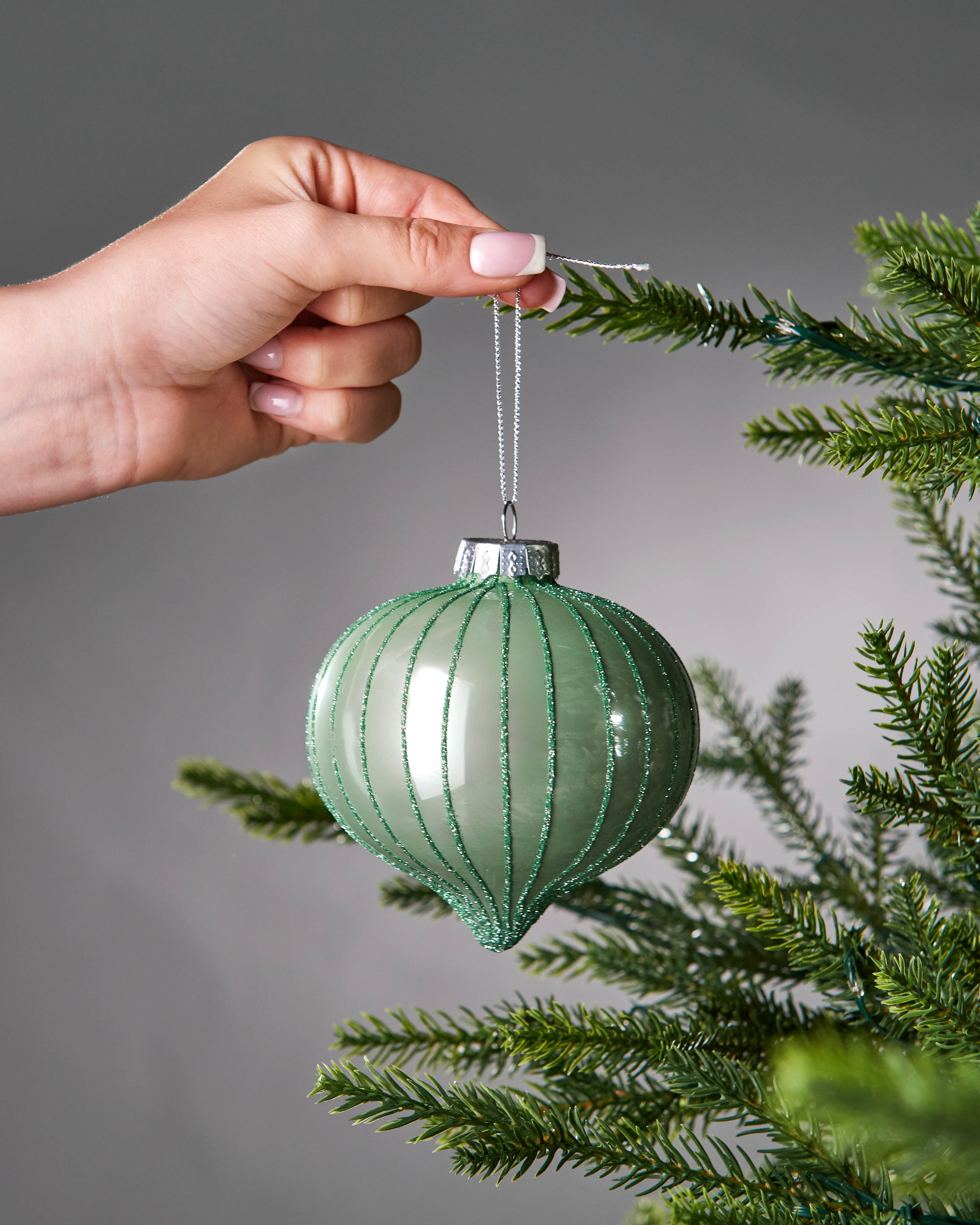 6 Mint Green Glass Baubles, 10 cm
