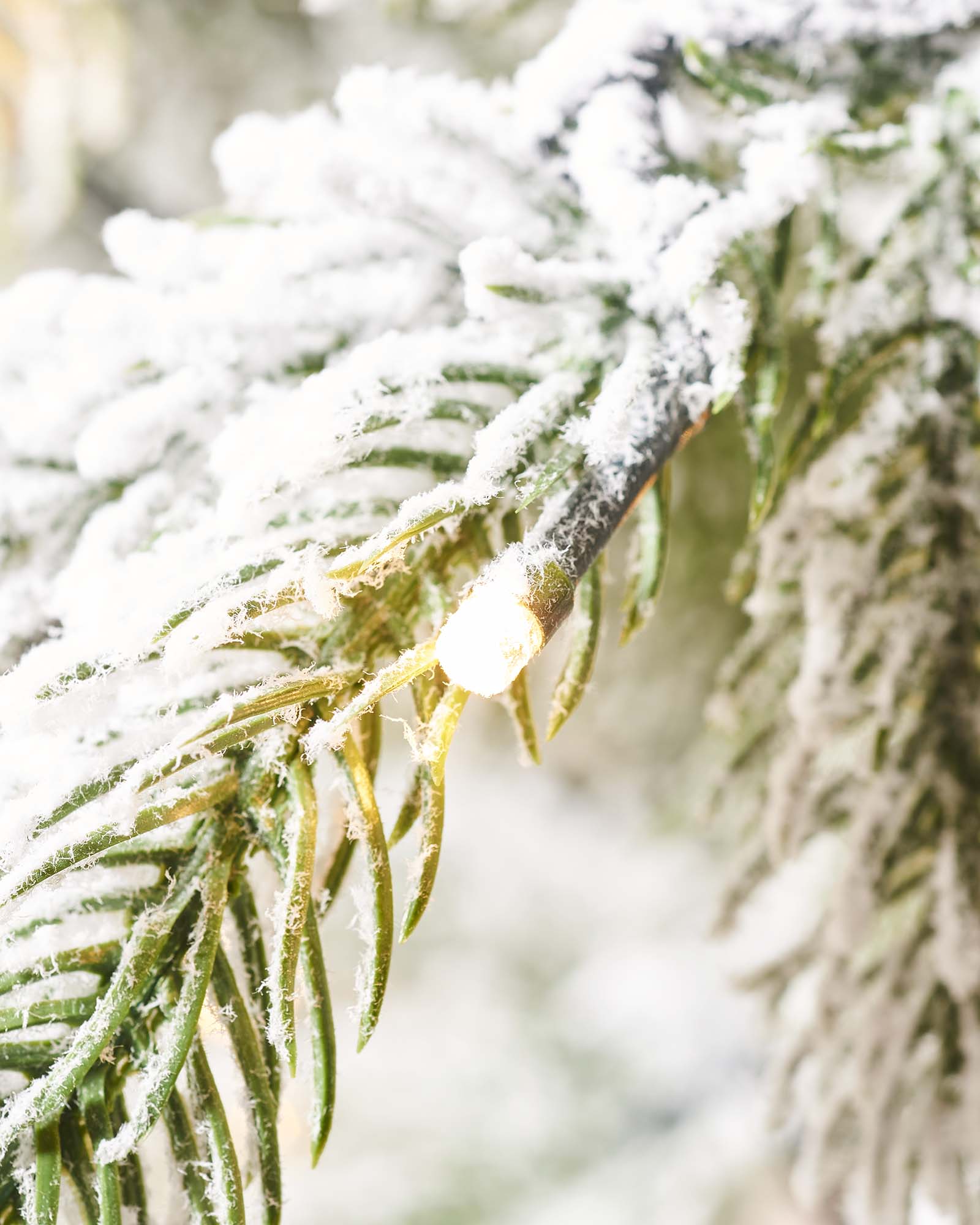 Pre-lit 4-foot snow flocked Christmas tree in a stylish pot, featuring dense mixed PE and PVC branches. Dual warm and ice white LED lights with 8 lighting modes illuminate the tree, which stands on a flexible 3-metre lead.