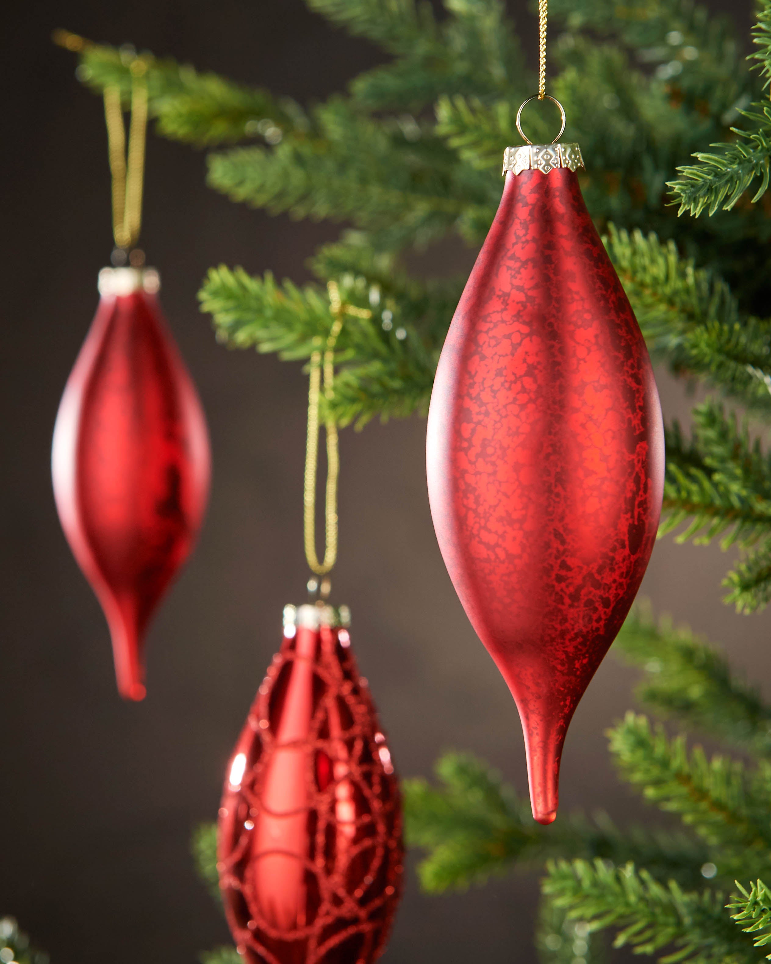 Set of 5 Large Glass Teardrop Baubles, Christmas Red, 15 cm