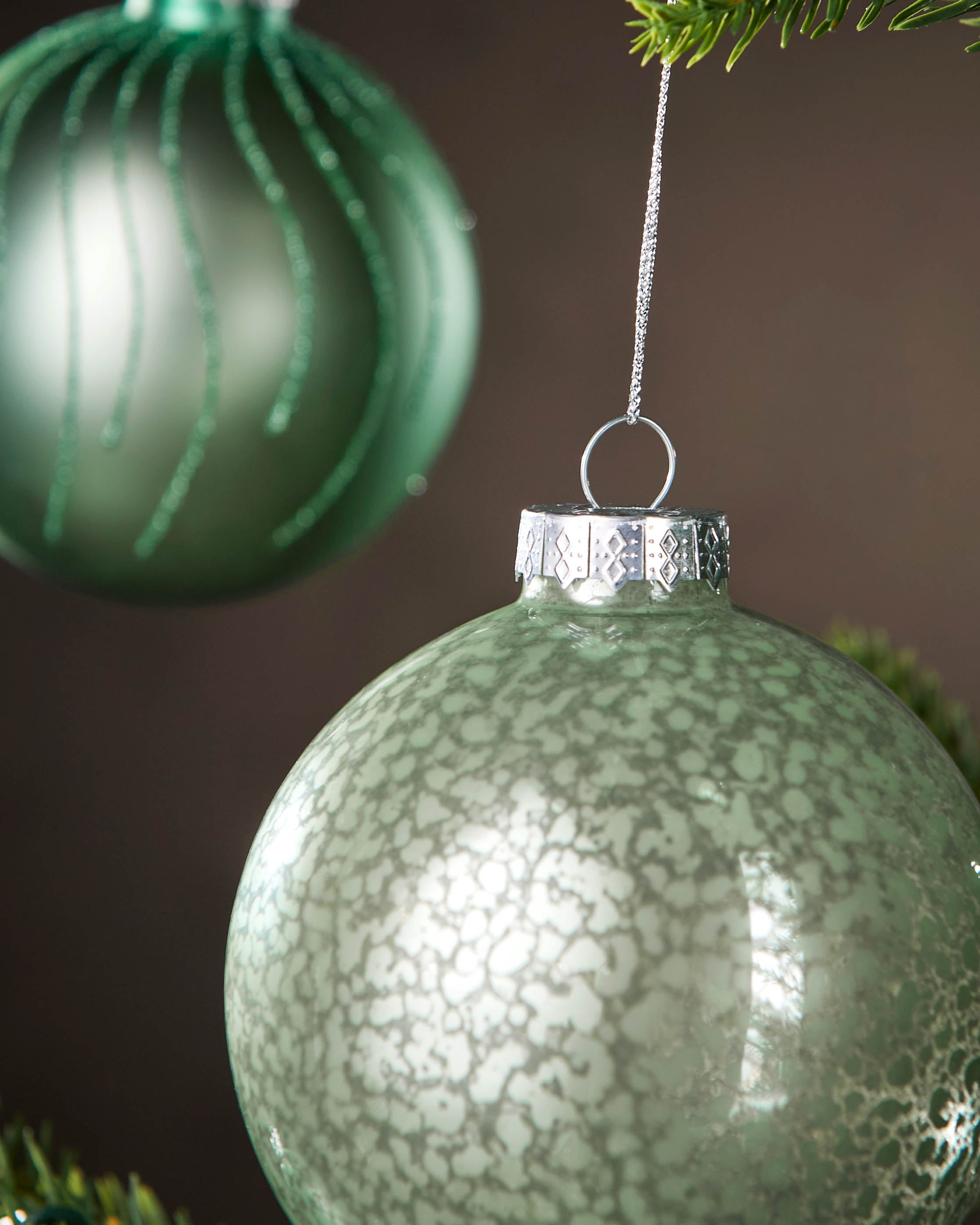 6 Mint Green Glass Baubles, 10 cm