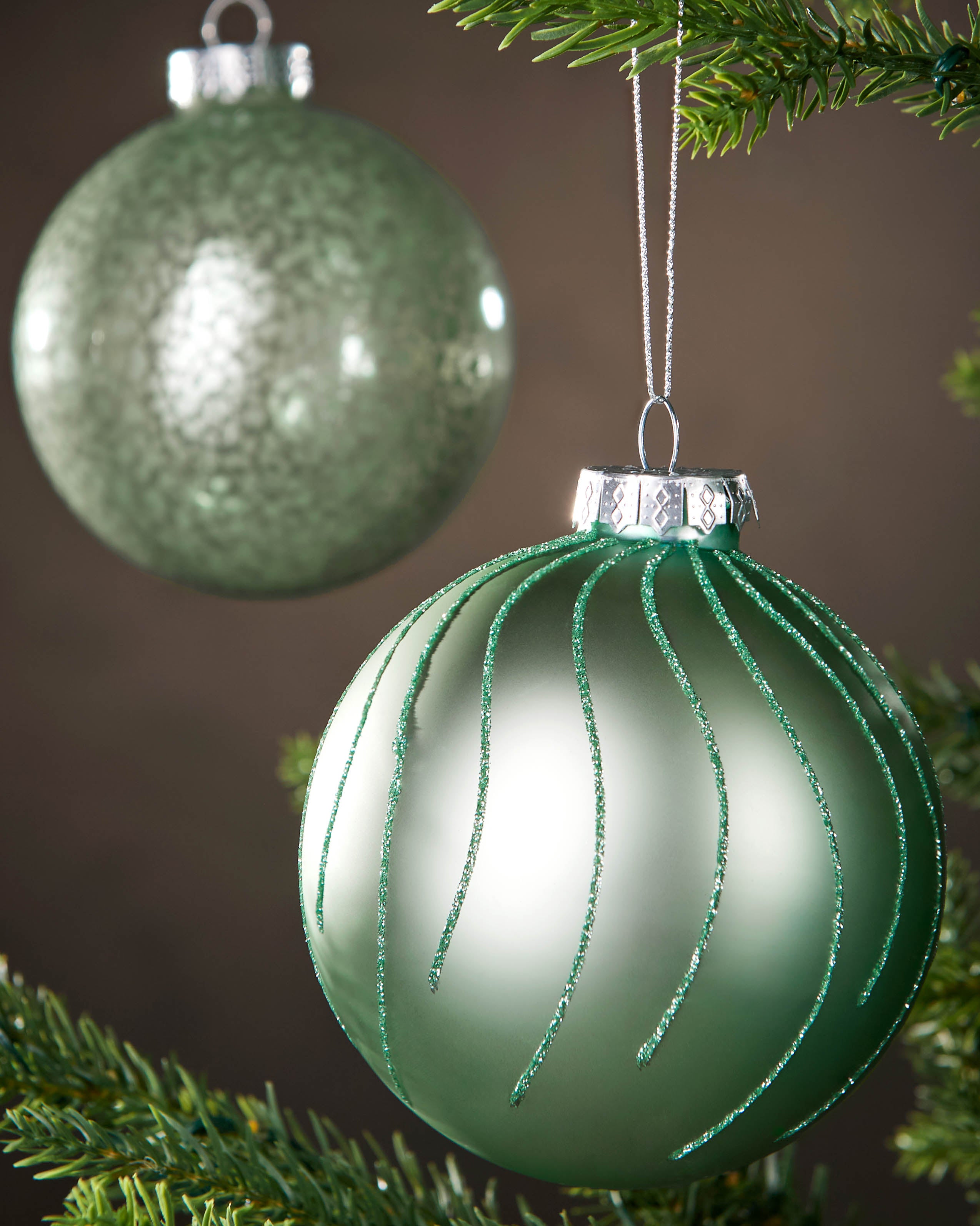 6 Mint Green Glass Baubles, 10 cm