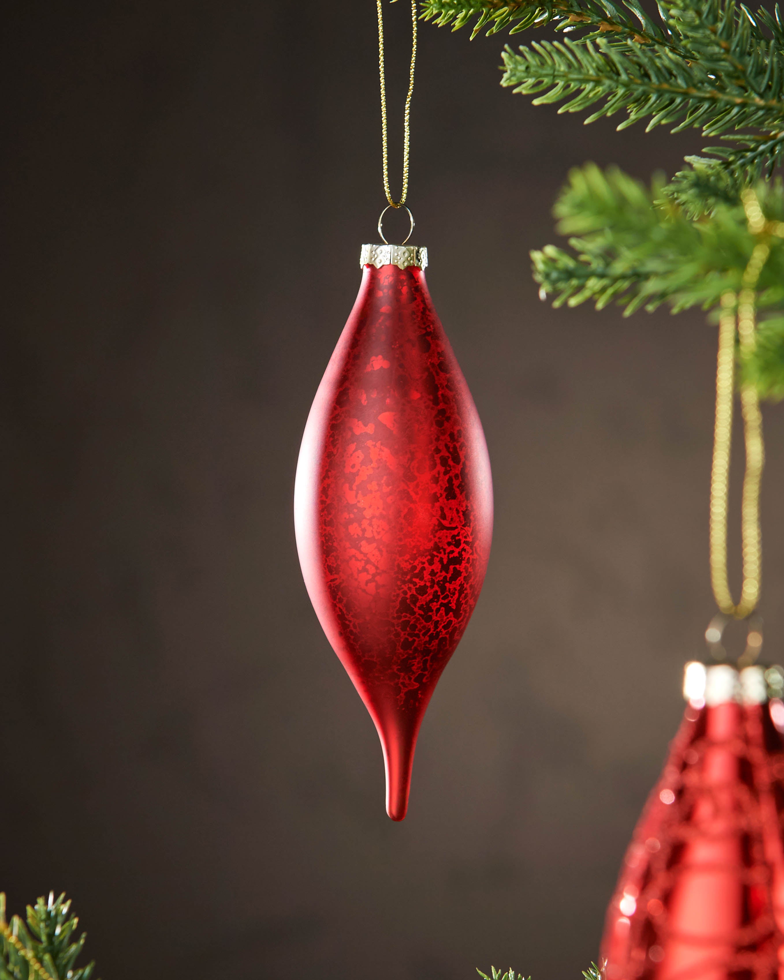 Set of 5 Large Glass Teardrop Baubles, Christmas Red, 15 cm