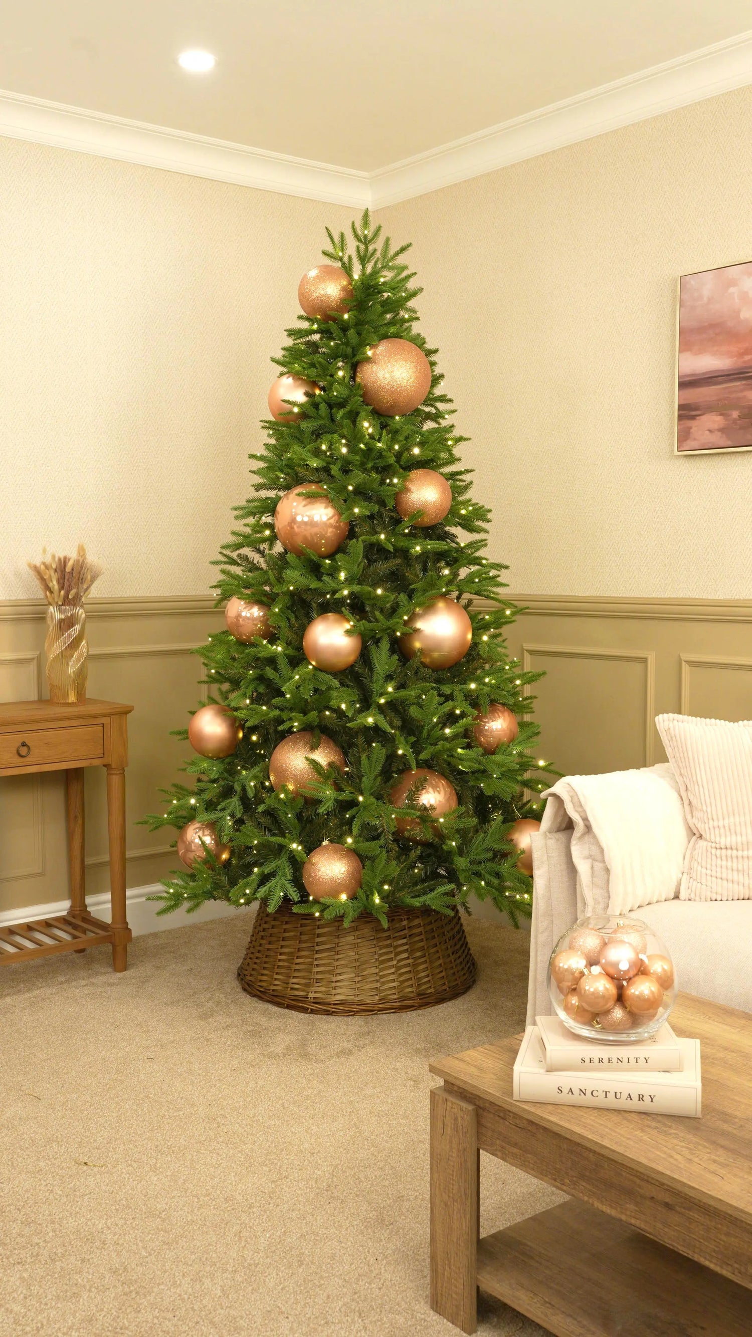 Layer 15cm Rose Gold Baubles Throughout the Tree