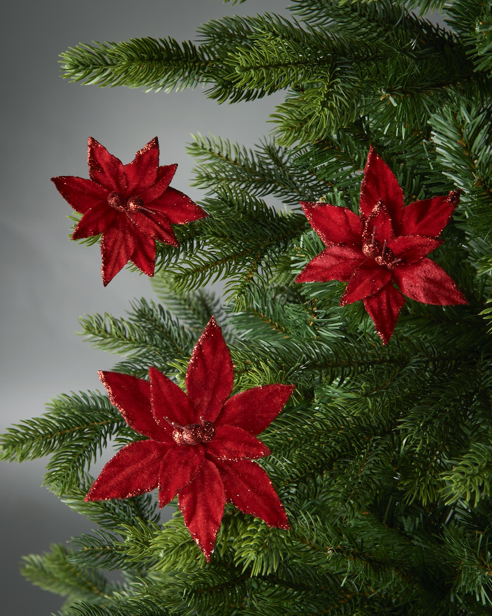 Set of 3 Red Artificial Poinsettia Flowers with Clip, 12 cm
