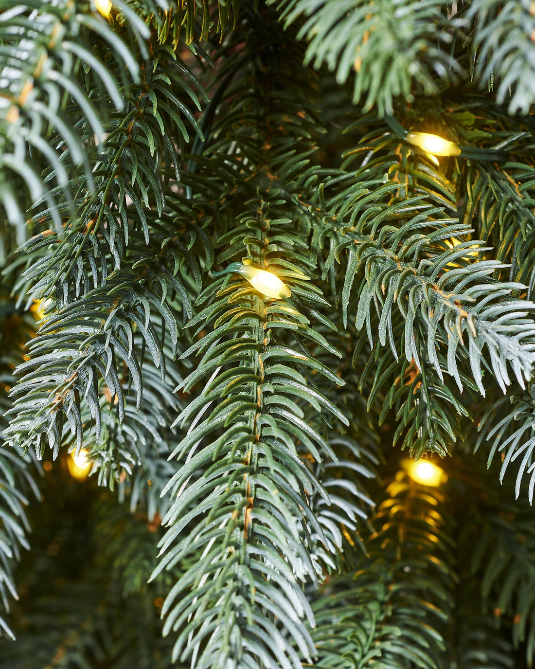 3.5 ft pre-lit frosted artificial Christmas tree in a rustic pot, featuring 115 warm white micro LED lights and a full, lifelike appearance.