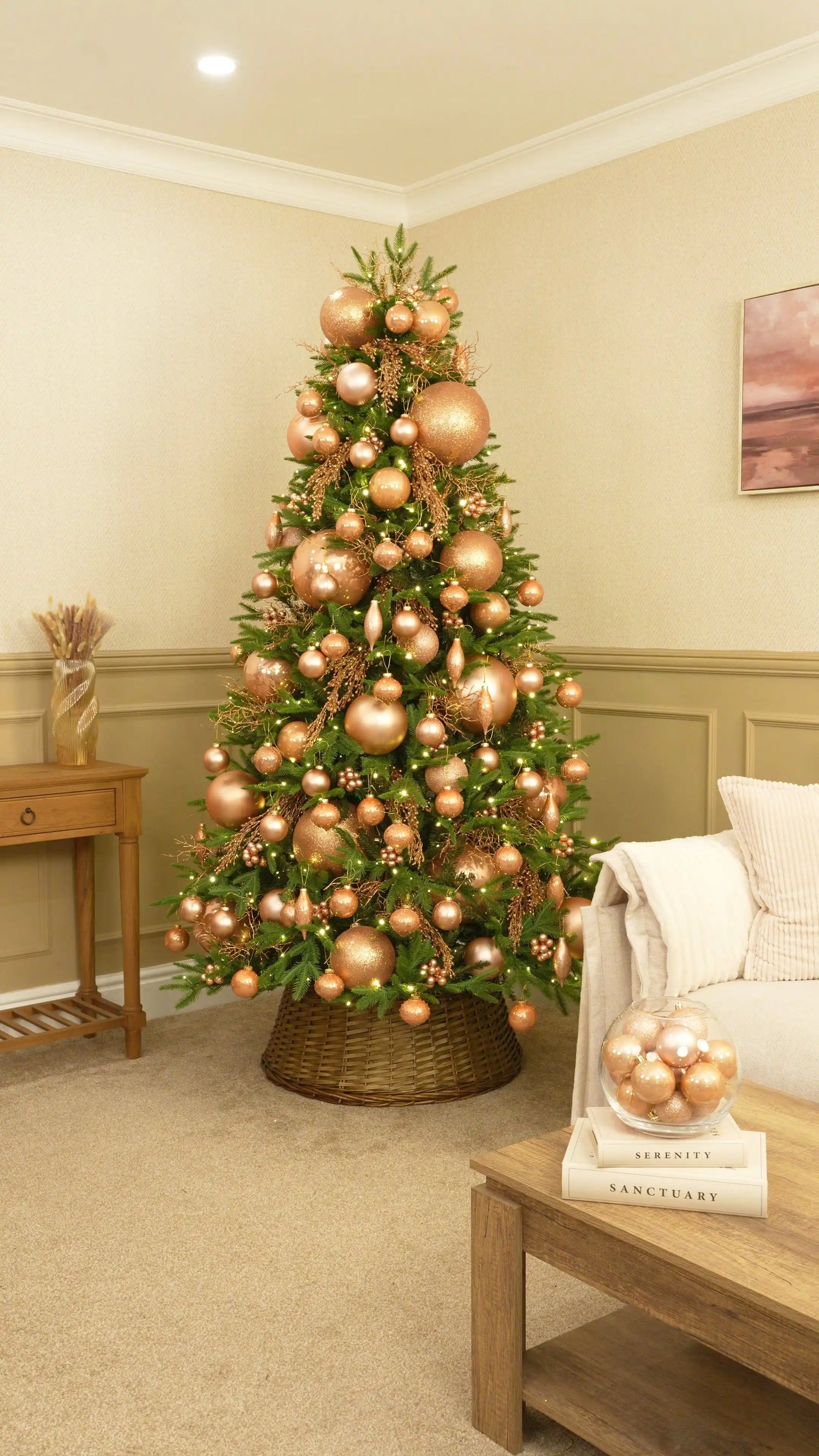 Finish the Branches with Rose Gold Glass Baubles