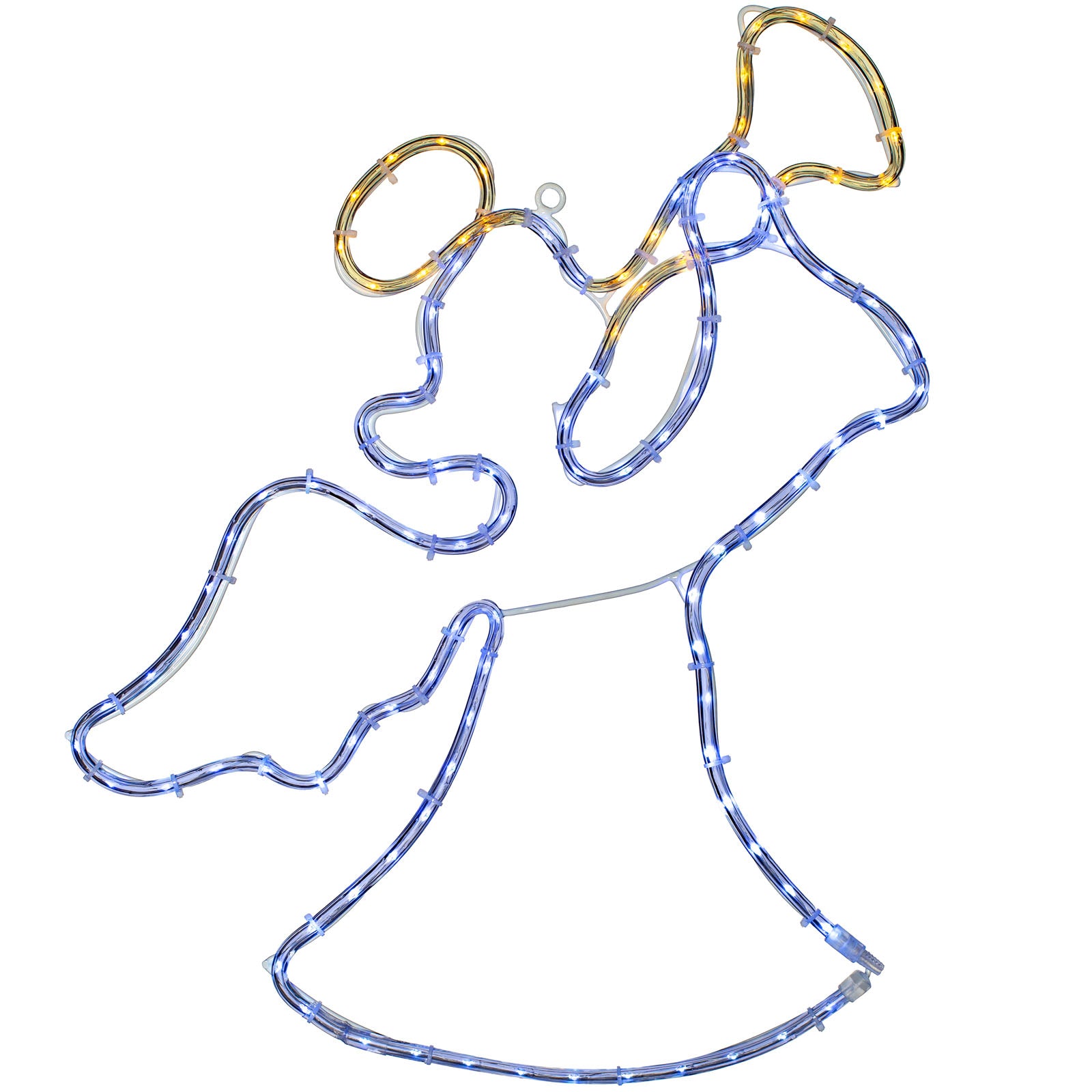 An angel silhouette created by a rope light with warm white and yellow LED lights against a wooden backdrop.