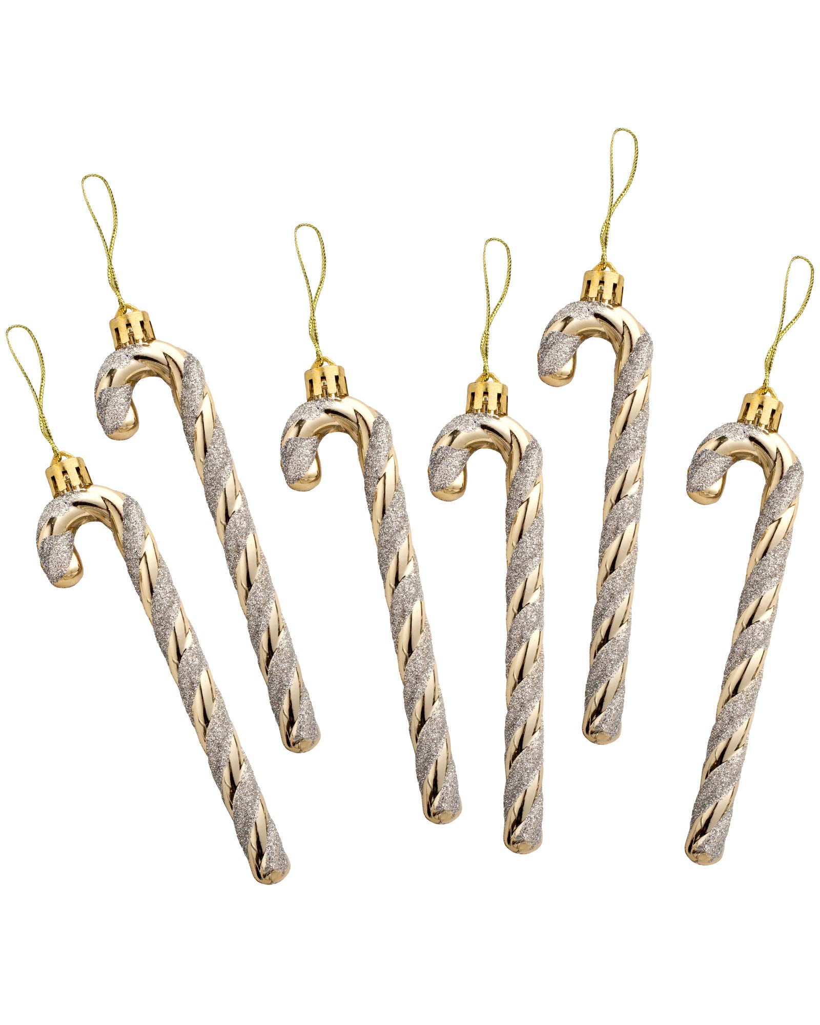 Set of 6 Shatterproof Candy Cane Baubles, Gold & White, 13 cm