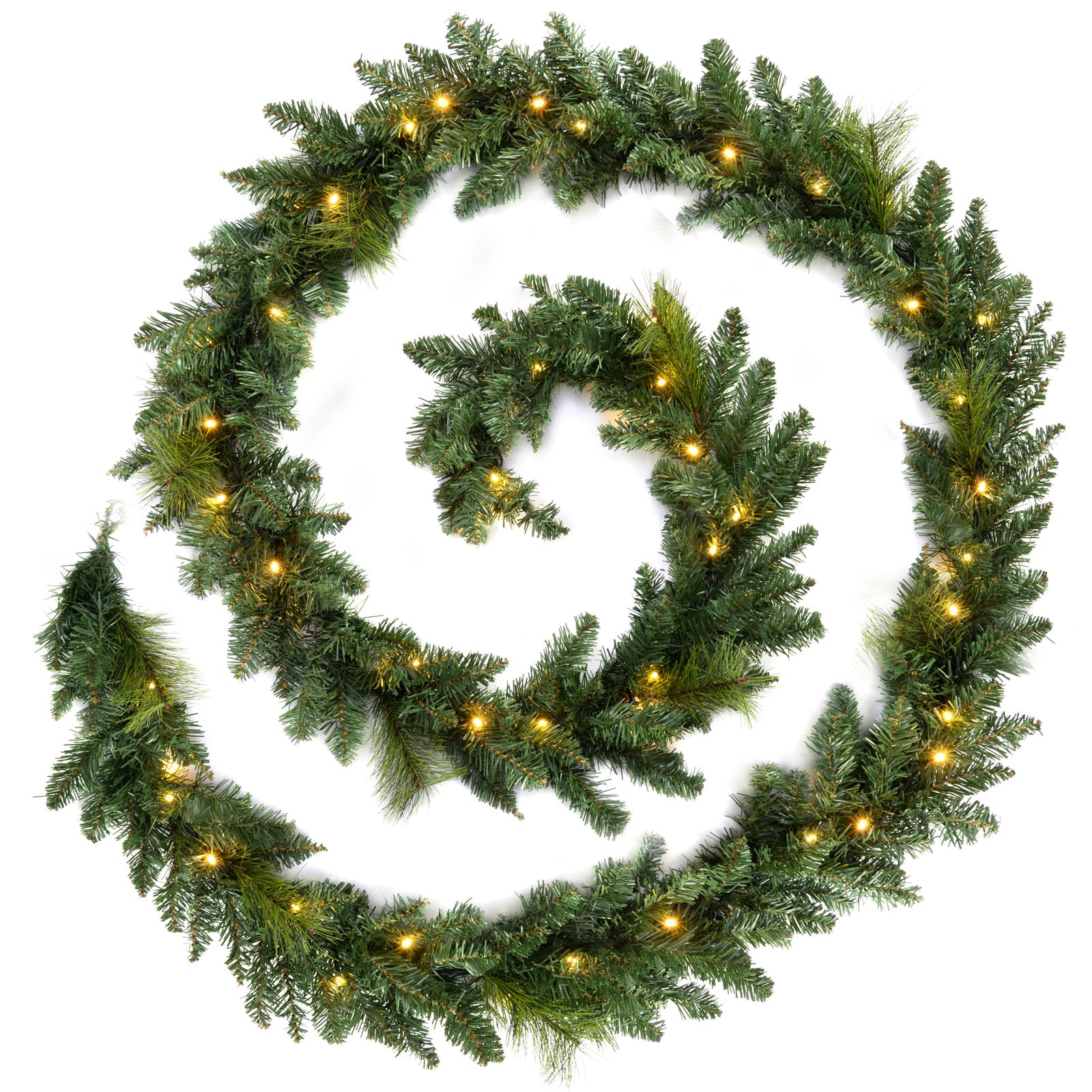 A green garland with warm white LED lights draped over a staircase, with a white wall and decorative accents in the background.