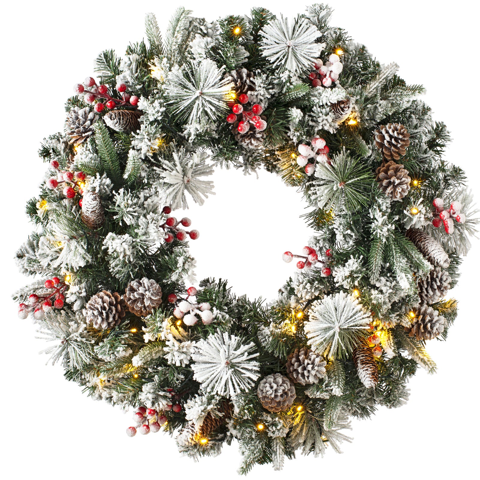 Pre-Lit Extra Thick Mixed Pine Snow Flocked Wreath, Pinecones & Berries, 76 cm