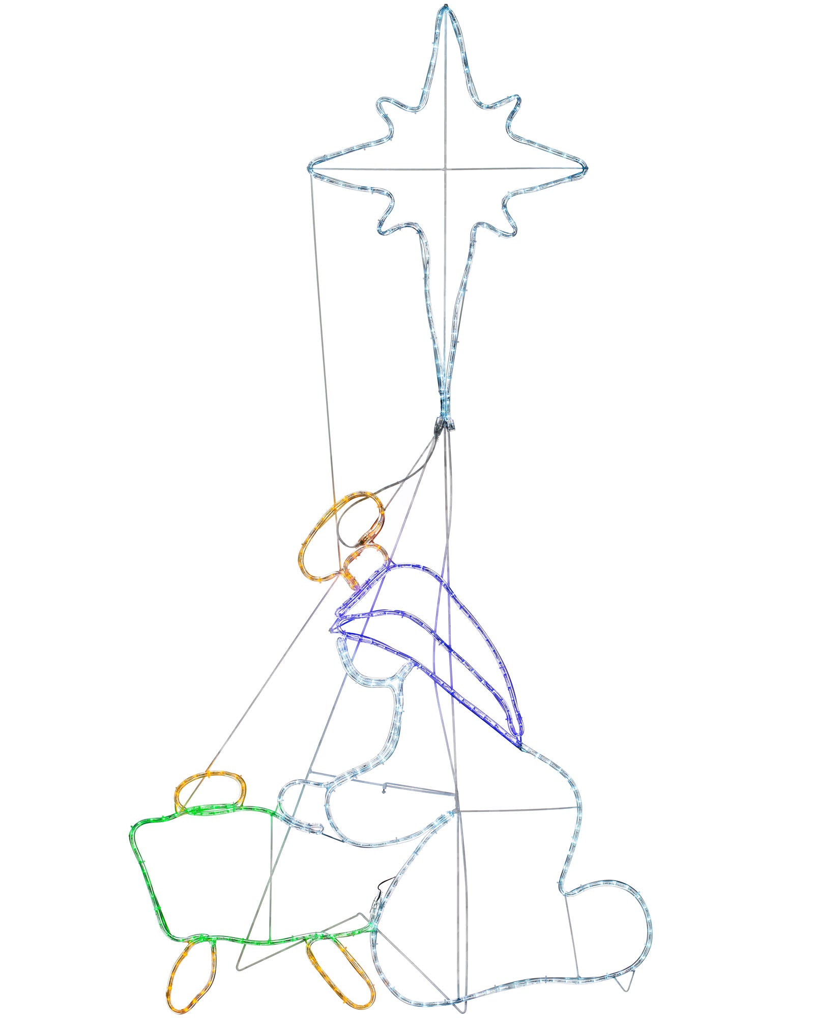 A rope light silhouette depicting baby Jesus in a manger with the bright white North Star and an angel, illuminated with multi-colored LED lights, set against a nighttime backdrop.