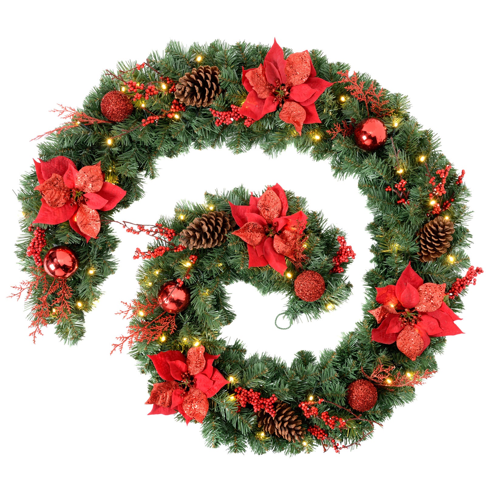 A close-up of a pre-lit extra thick decorated Christmas garland with red and gold elements, including berries, pine cones, baubles, and glittery decorations, illuminated by warm white LED lights.
