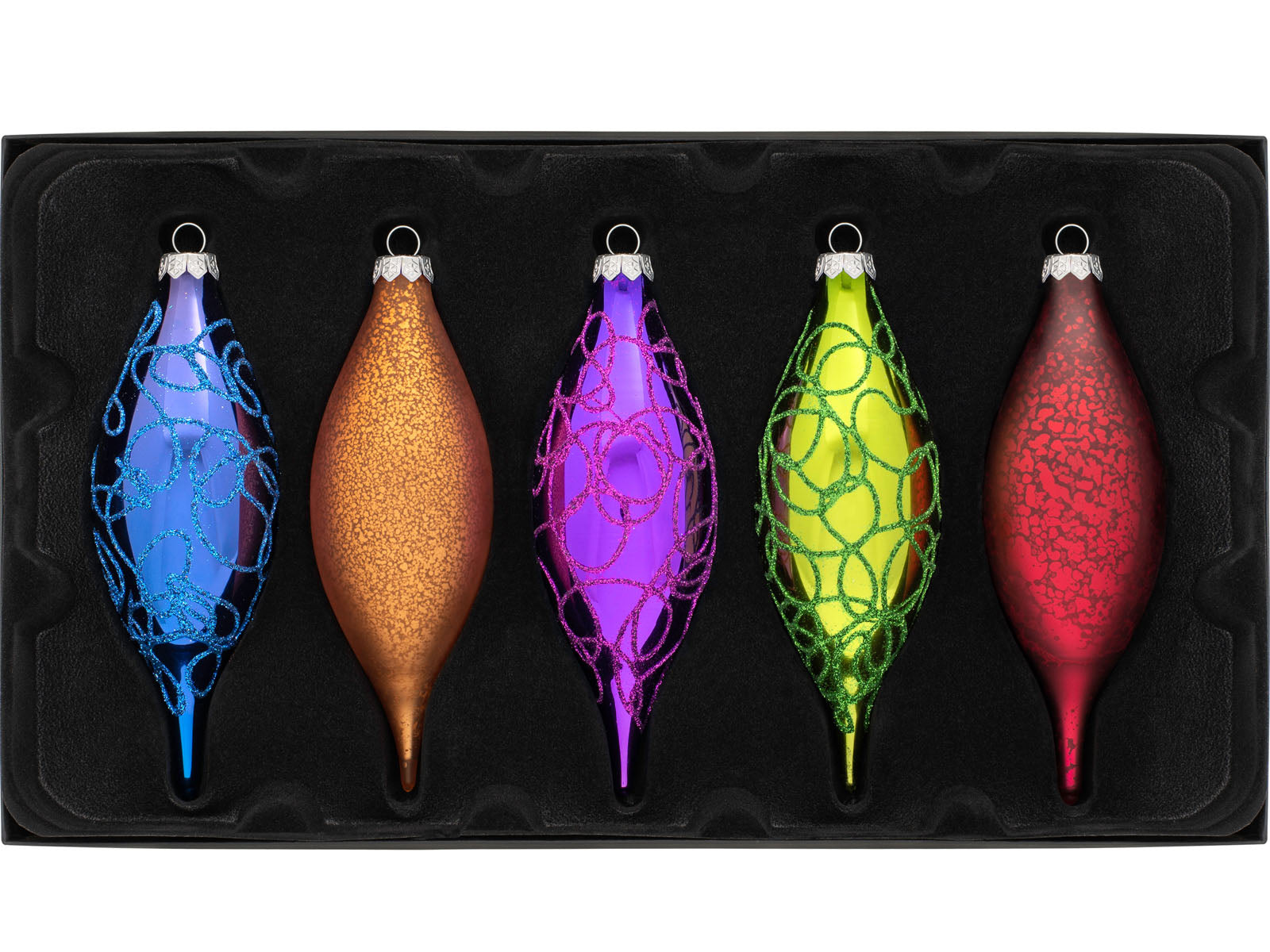 Set of 5 Large Glass Teardrop Baubles, Multi-Colour, 15 cm