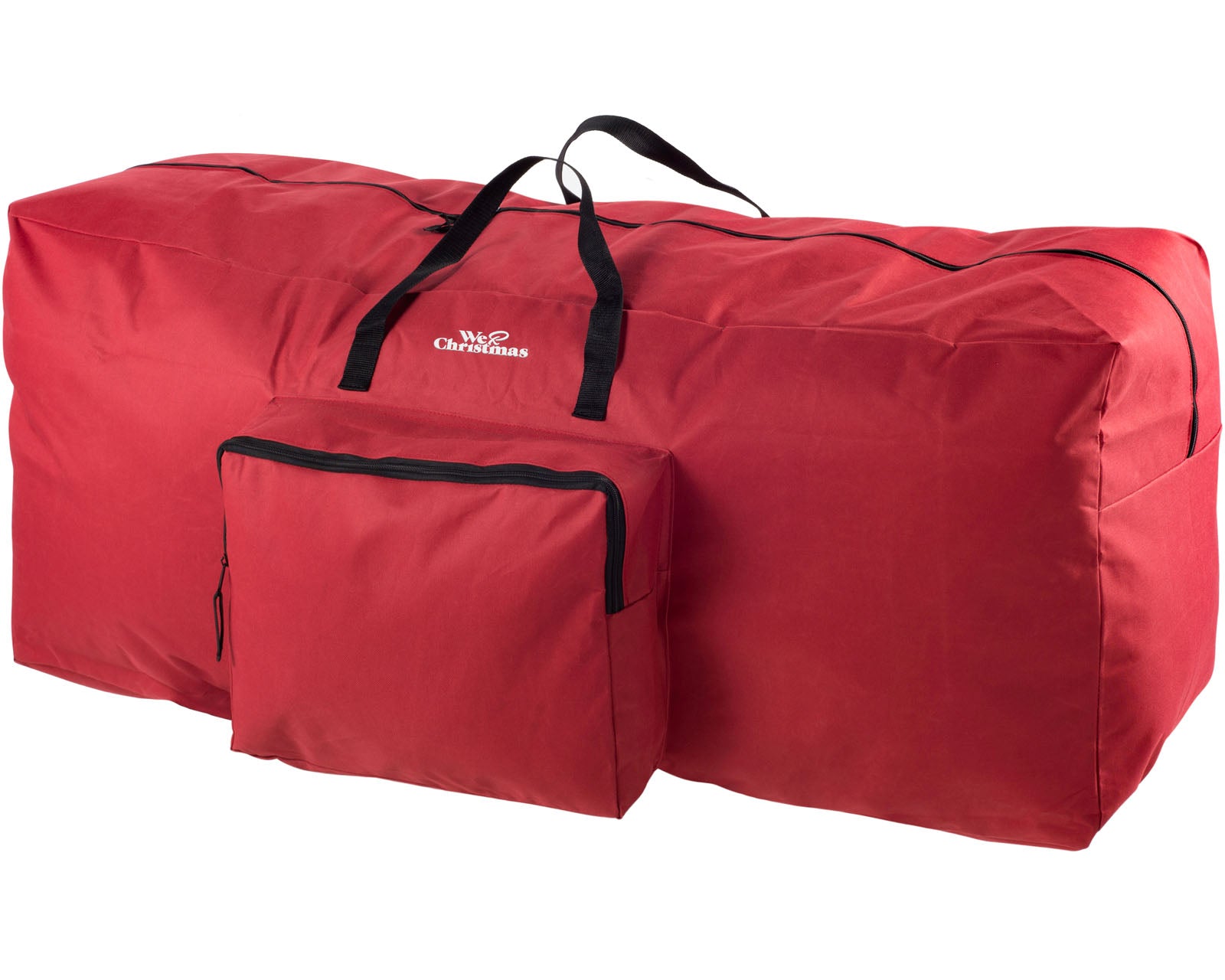 A red Christmas tree storage bag with a Christmas tree being stored inside it, placed on a wooden floor against a white wall.