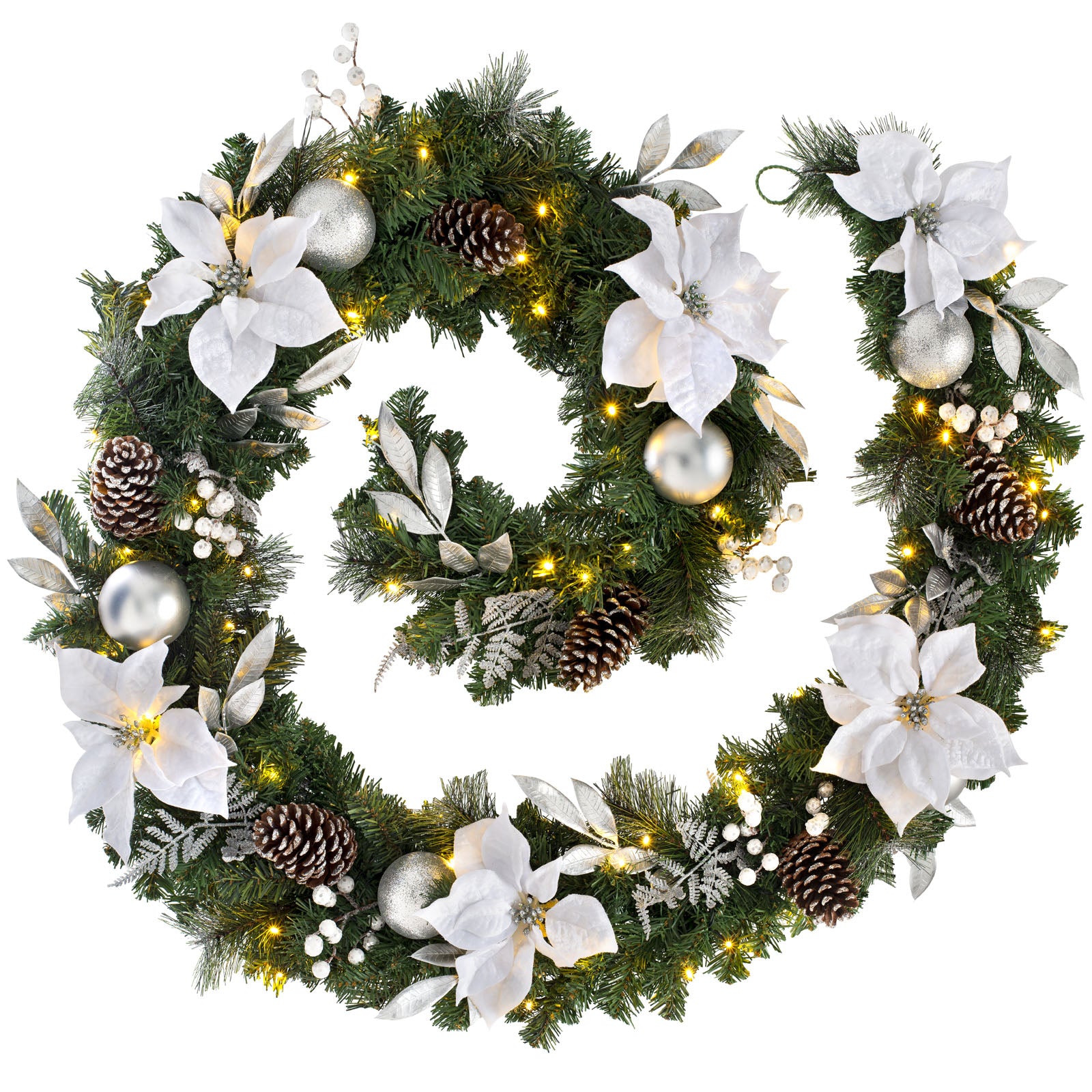 A decorated garland with silver and white elements, including LED lights, pinecones, and faux flowers, displayed on a dark background.