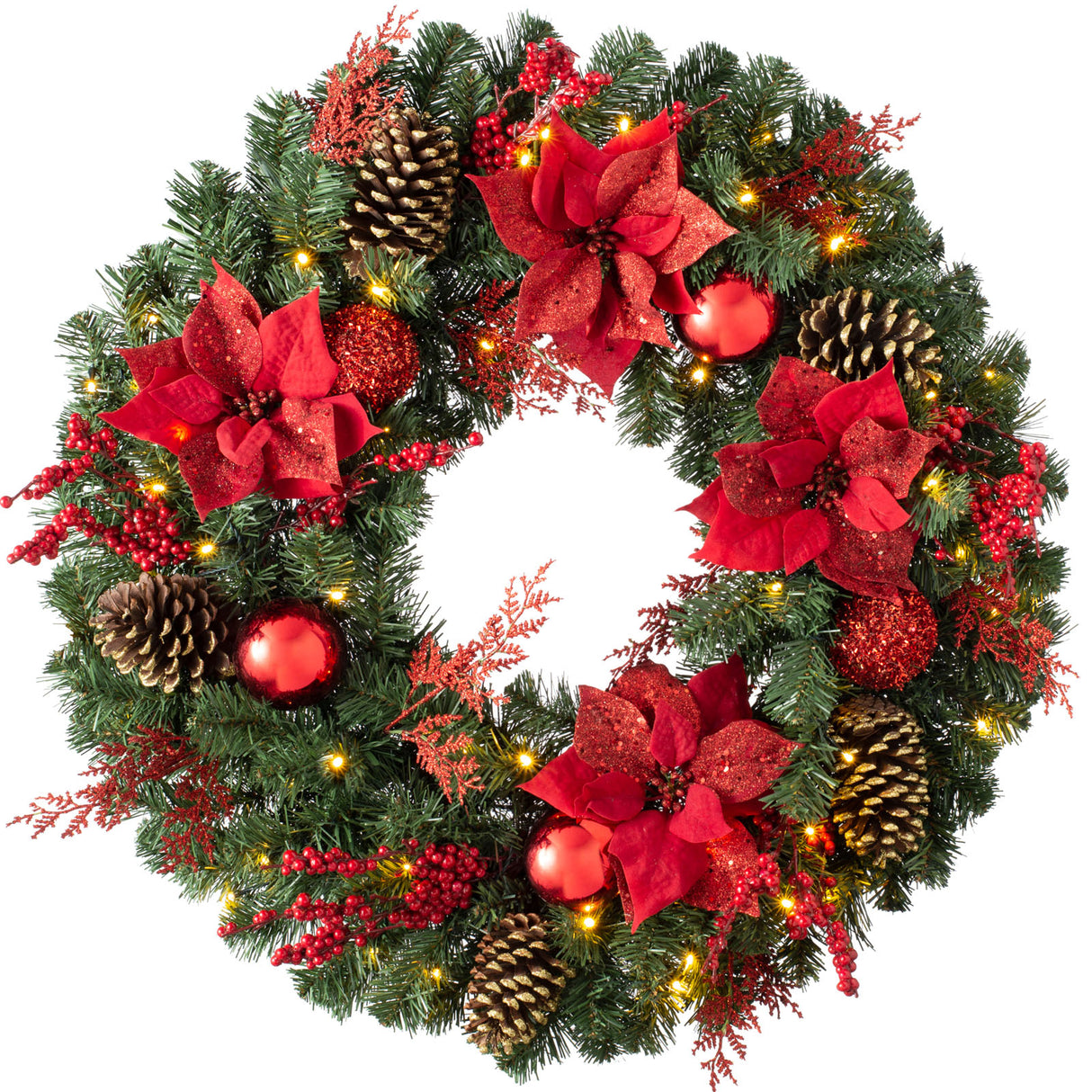 Pre-Lit Extra Thick Wreath, Red, 76 cm