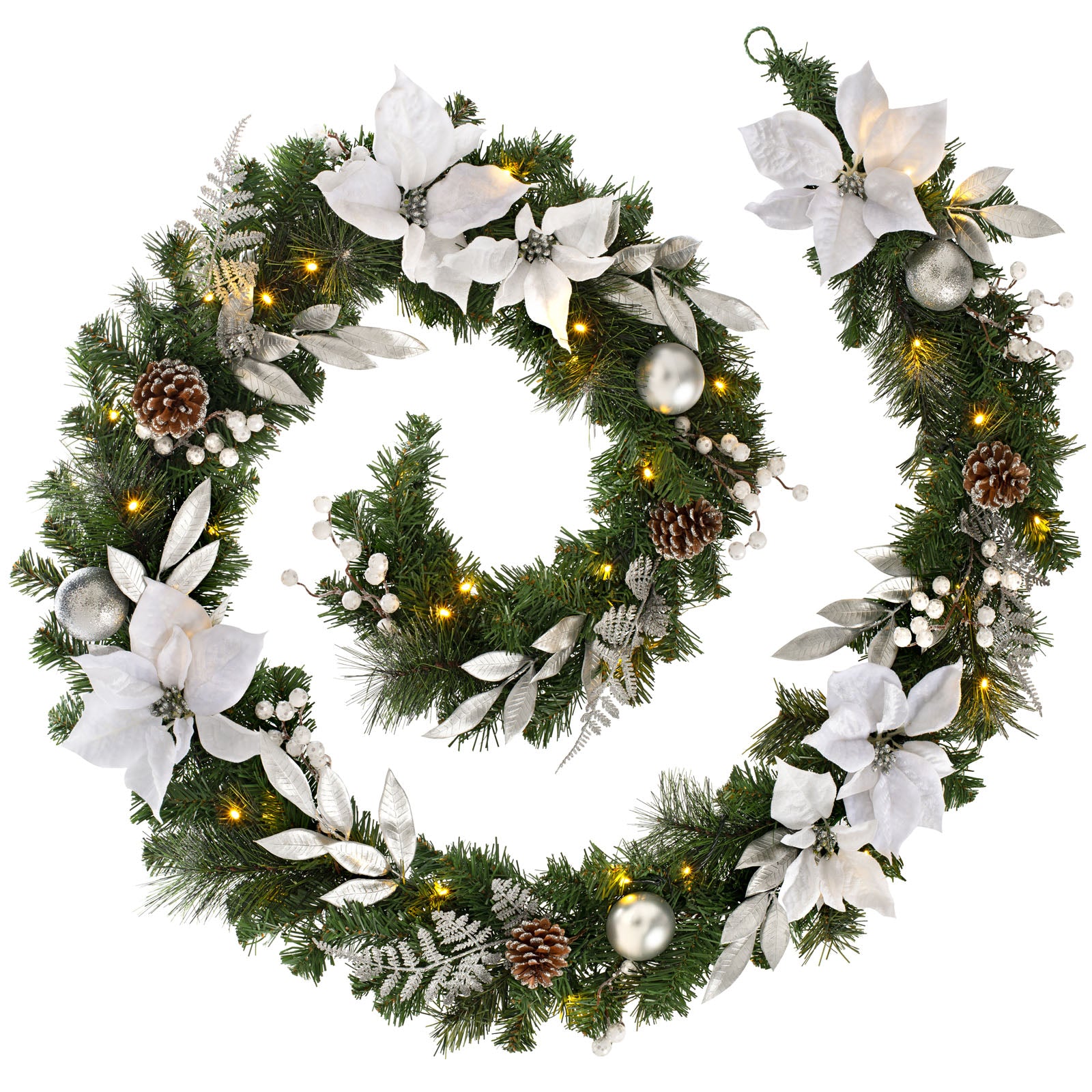 Pre-Lit Decorated Garland, Silver & White, 9 ft