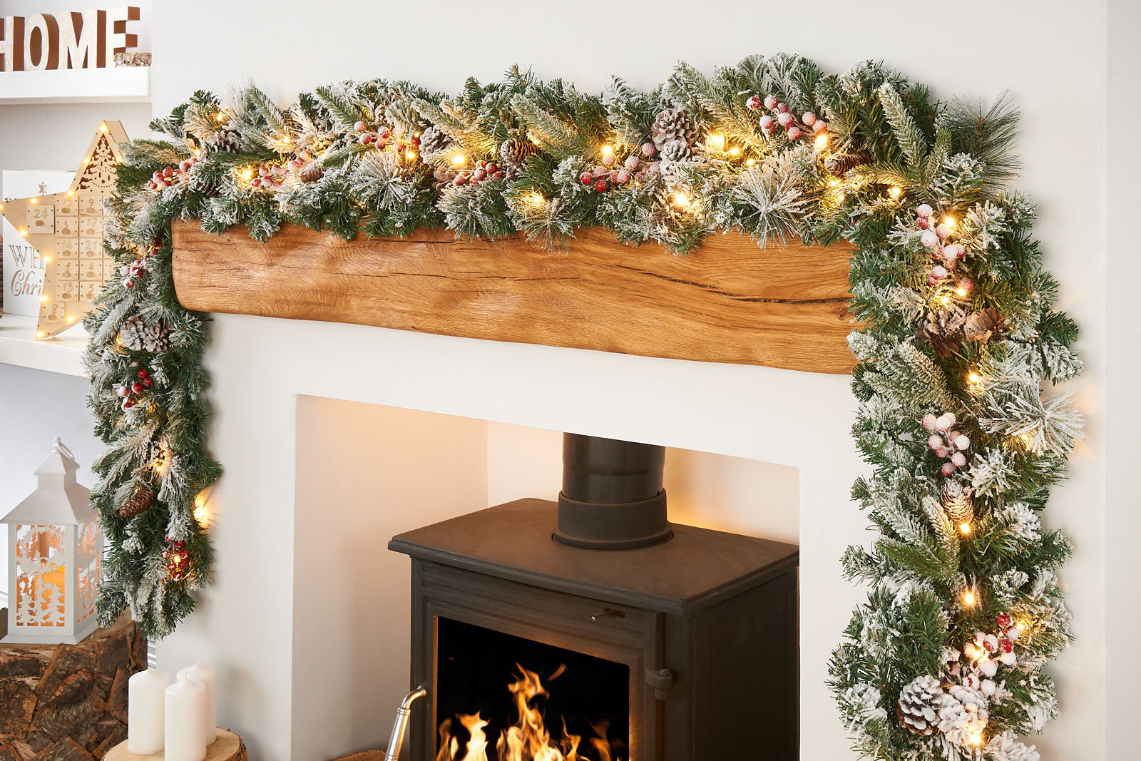 Pre-Lit Multi-Function Extra-Thick Mixed Pine Snow Flocked Garland, 9 ft