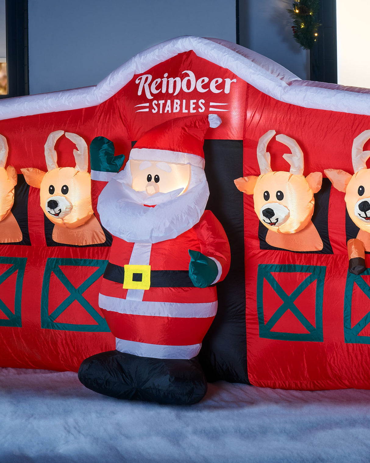 Pre-Lit Inflatable Santa & Reindeer Stables, 8.5 ft
