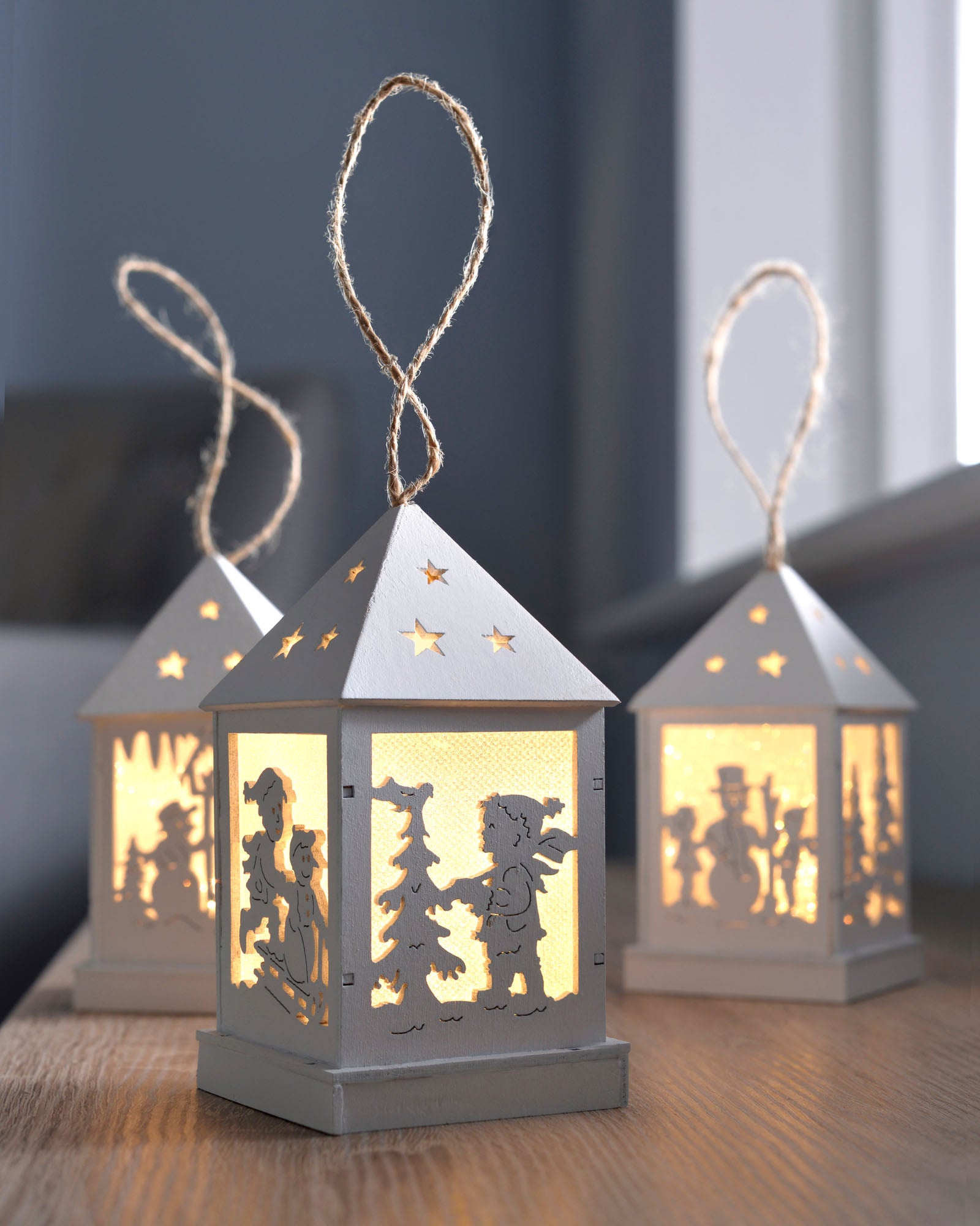 3 Pre-Lit Wooden Hanging Lantern Baubles