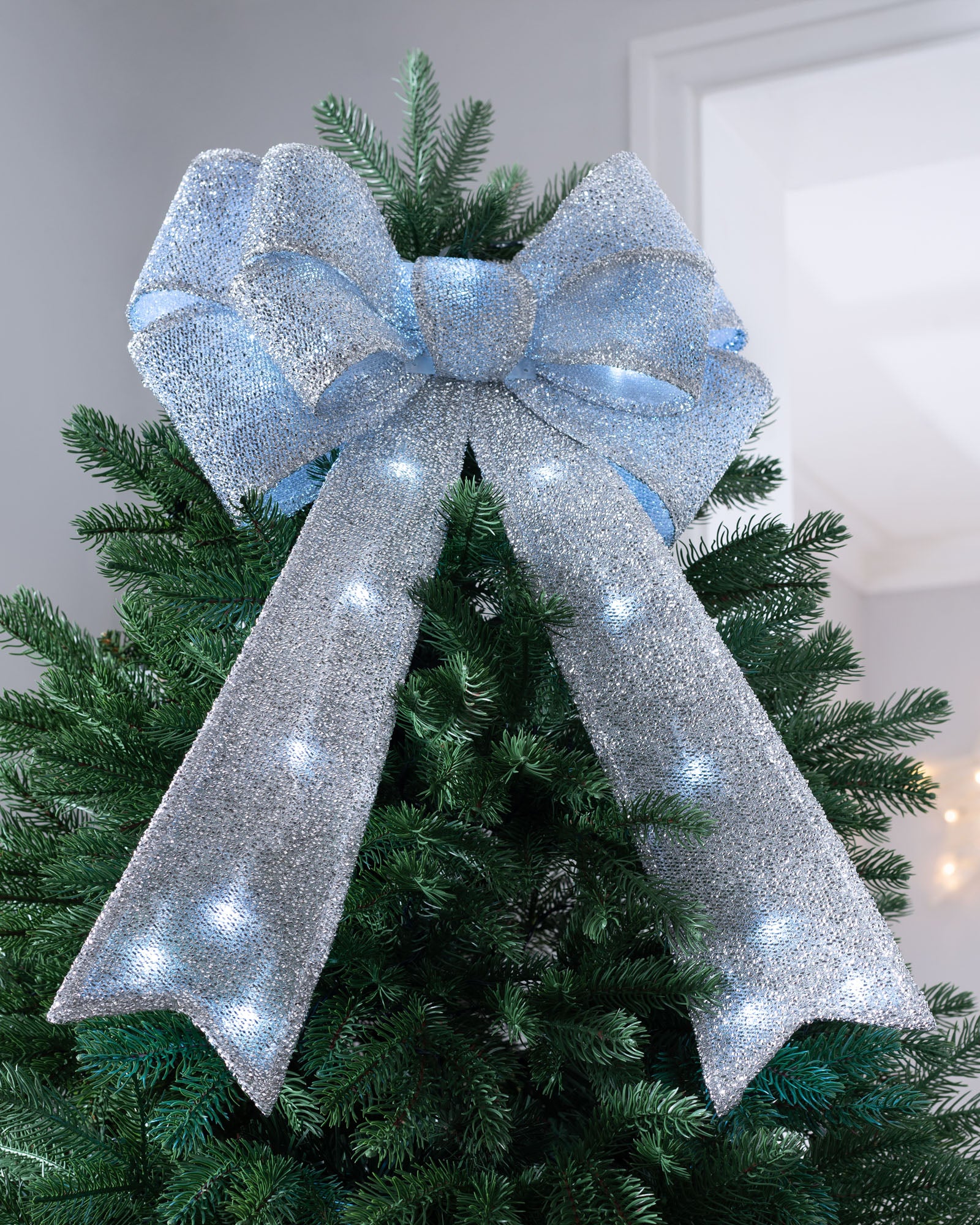 Pre-Lit Bow Tree Topper, Silver, 60 cm