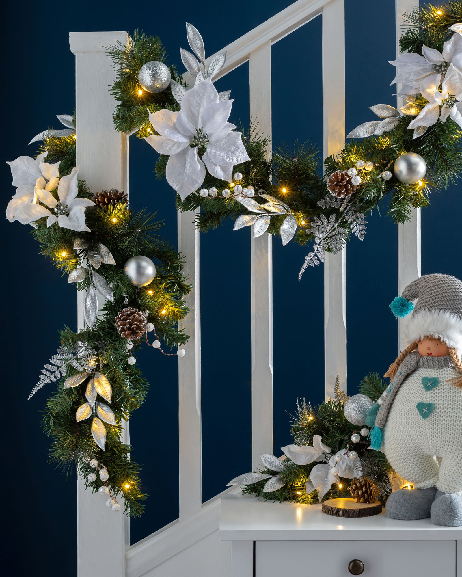 Pre-Lit Decorated Garland, Silver & White, 9 ft