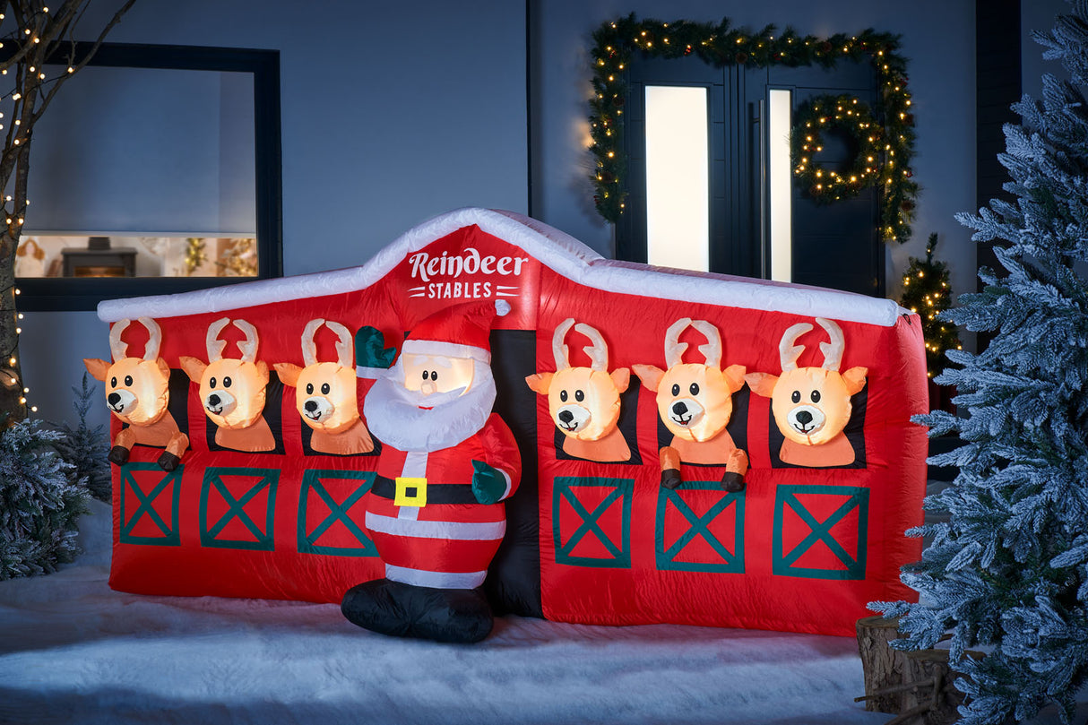 Pre-Lit Inflatable Santa & Reindeer Stables, 8.5 ft