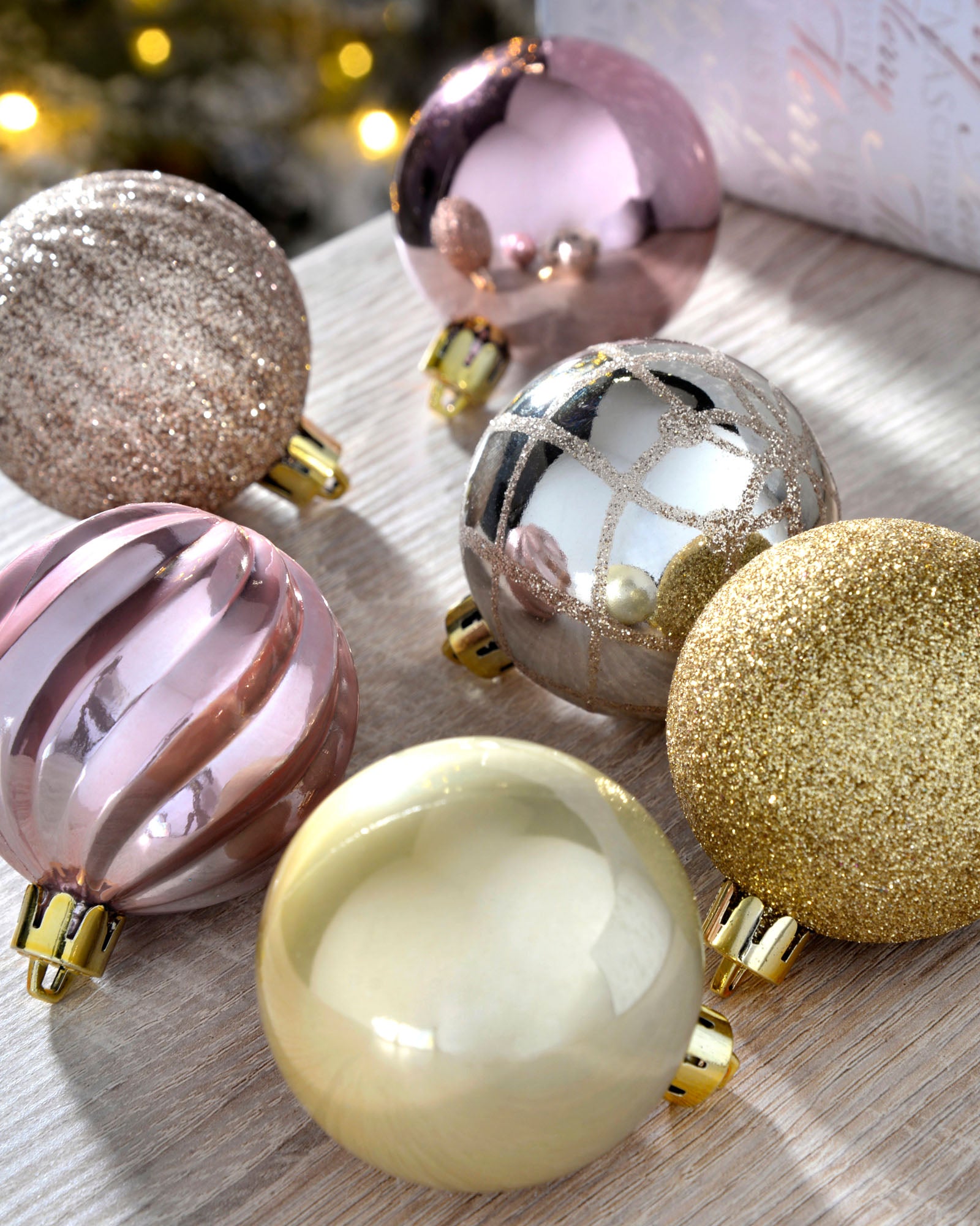 48 Pink/Champagne Shatterproof Baubles, 6 cm