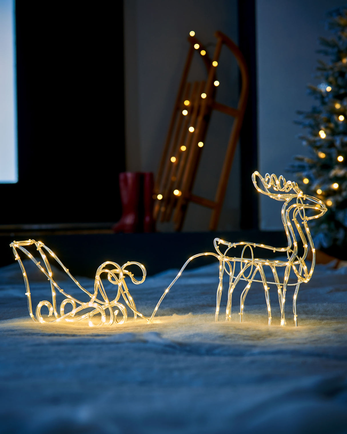 3D Reindeer with Sleigh Rope Light Silhouette, 120 cm