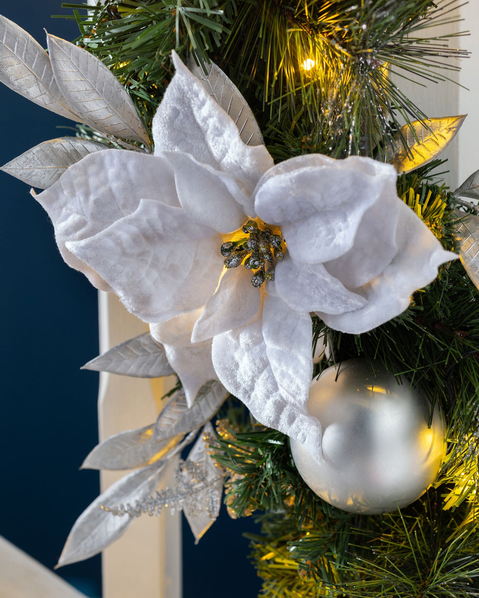 Pre-Lit Decorated Garland, Silver & White, 9 ft