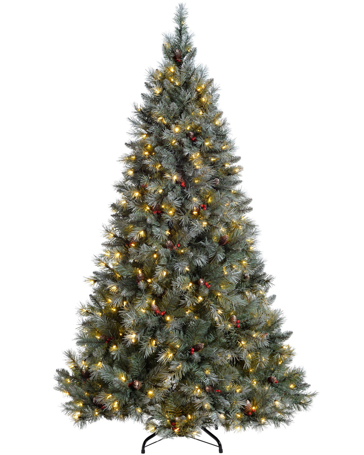 A pre-lit Scandinavian spruce Christmas tree with frosted green PVC branches, warm white LED lights, natural pinecones, and red berries. Positioned in a festive indoor setting with Christmas presents and a seasonal sign, capturing the rustic charm of a snow-dusted Nordic forest.