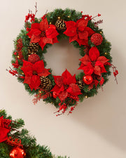 Pre-Lit Extra Thick Decorated Wreath, Red & Gold, 76 cm