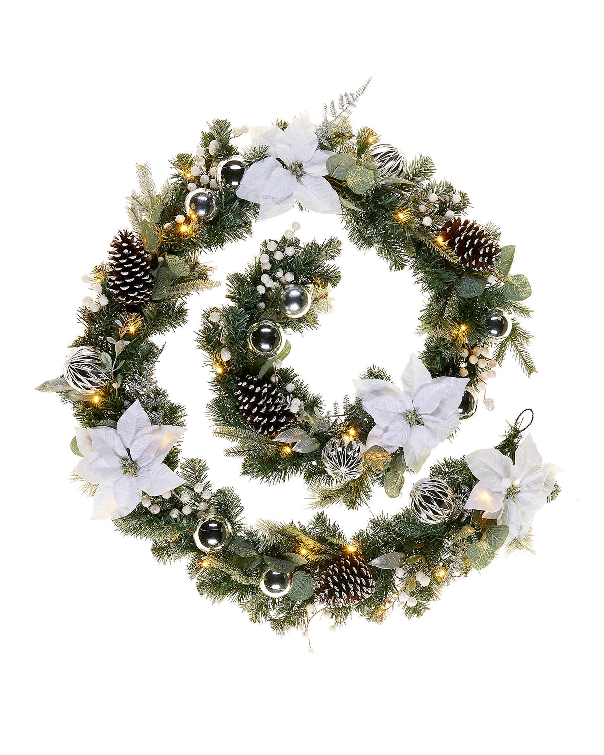 Pre-Lit Decorated Garland, White/Silver, 9 ft