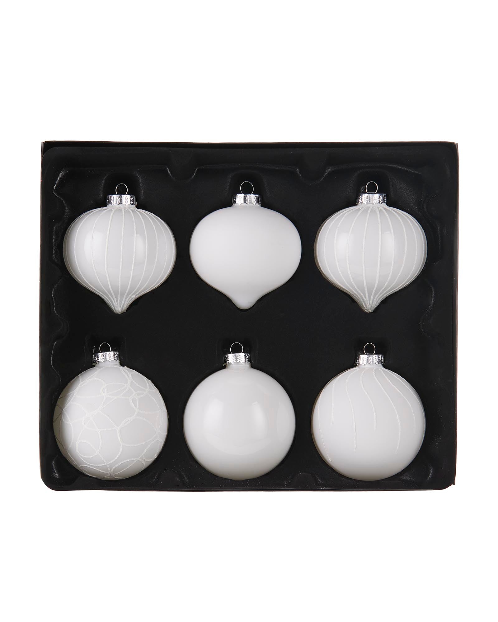 Set of 6 Glass Baubles, White, 10 cm