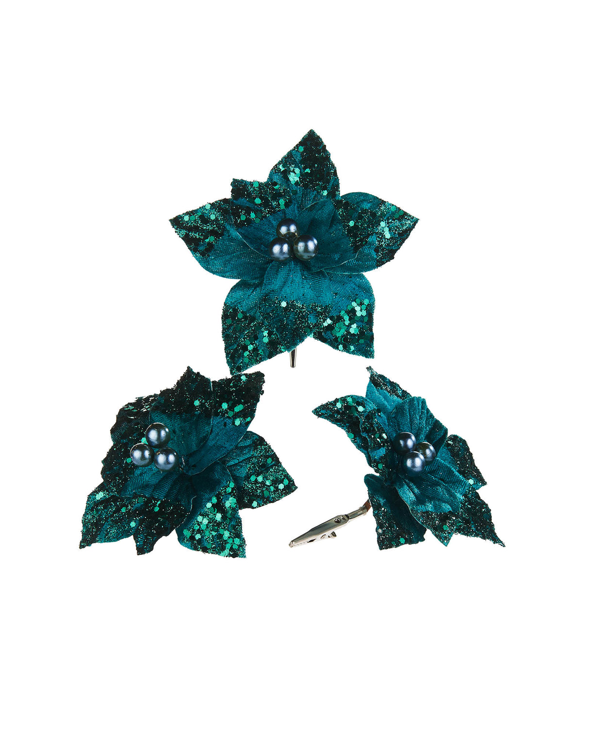 Artificial Emerald Poinsettia Flower with Clip, 3 Pack, 12 cm