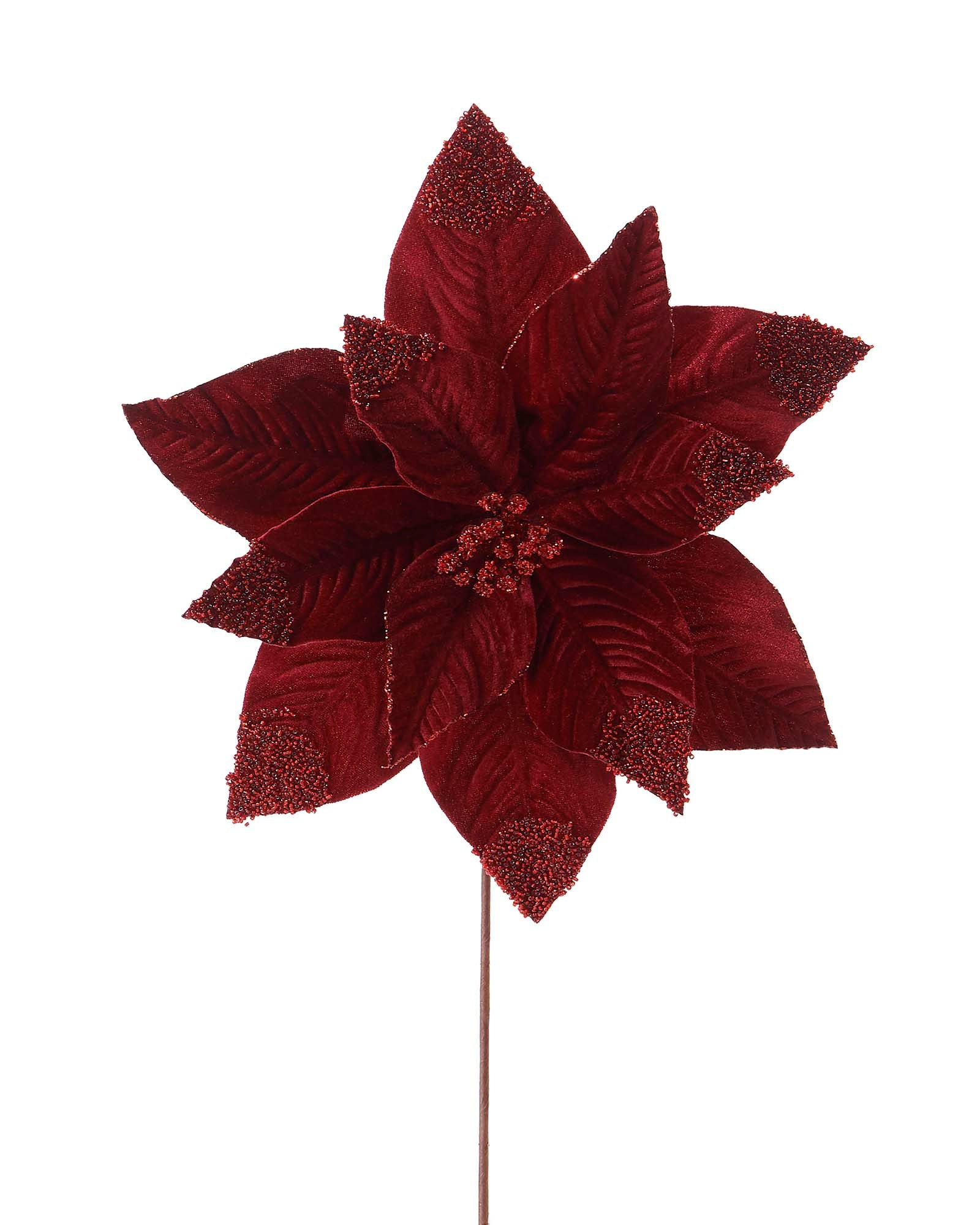 A burgundy artificial poinsettia flower with a glittery center, 32 cm in height, on a seasonal decoration stick.