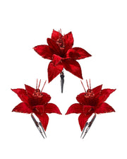 Set of 3 Red Artificial Poinsettia Flowers with Clip, 12 cm