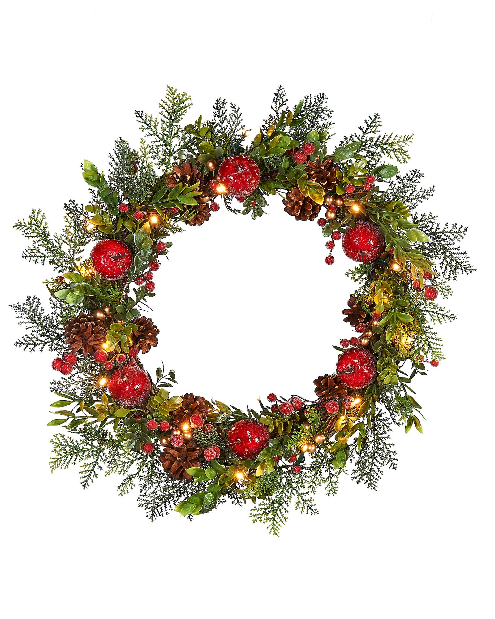 Pre-Lit Frosted Red Berry Mixed Tip Wreath, 60 cm