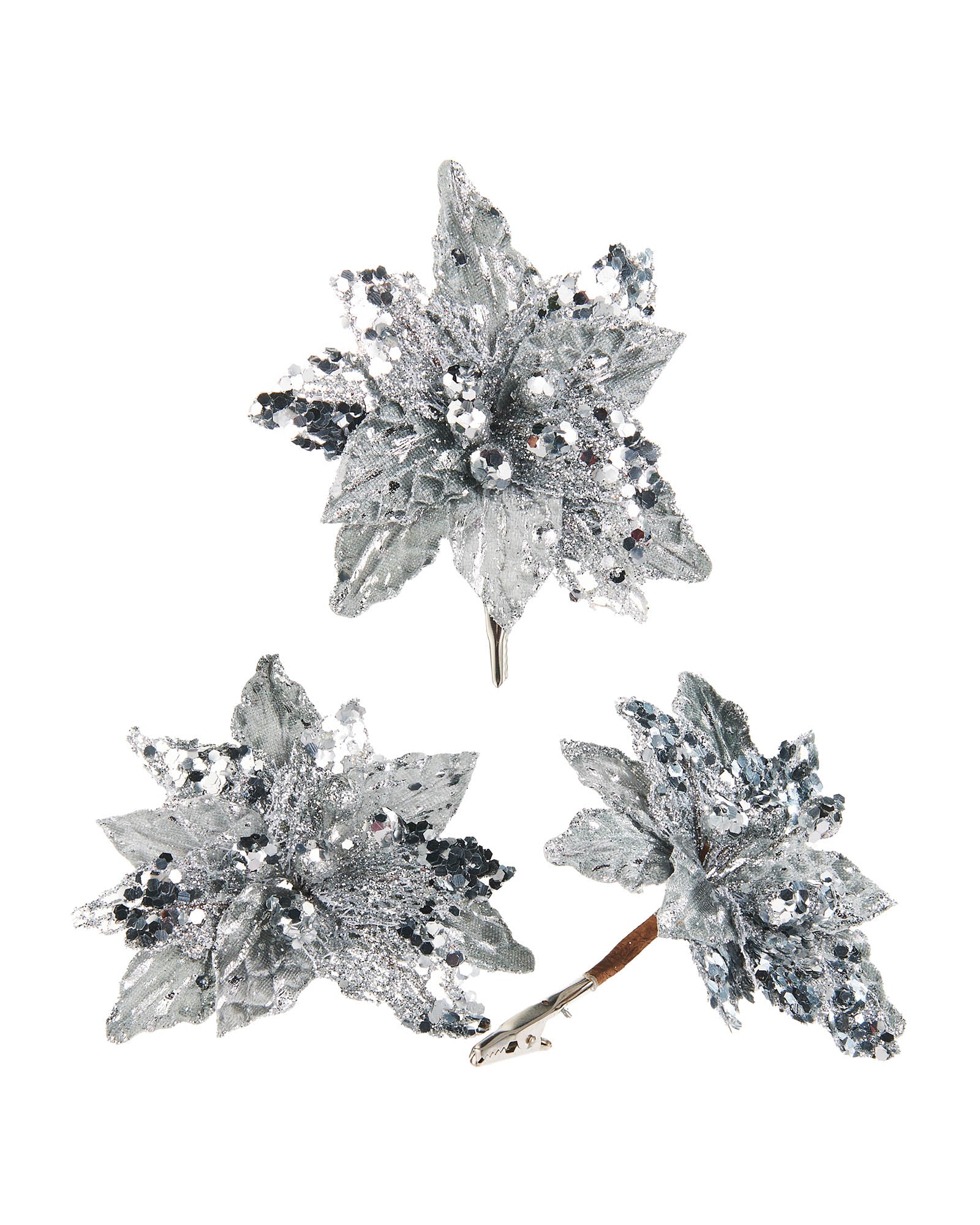 Artificial Silver Poinsettia Flower with Clip, 3 Pack, 12 cm