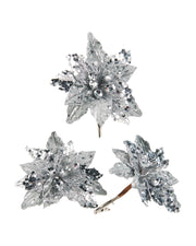 Set of 3 Silver Artificial Poinsettia Flowers with Clip, 12 cm