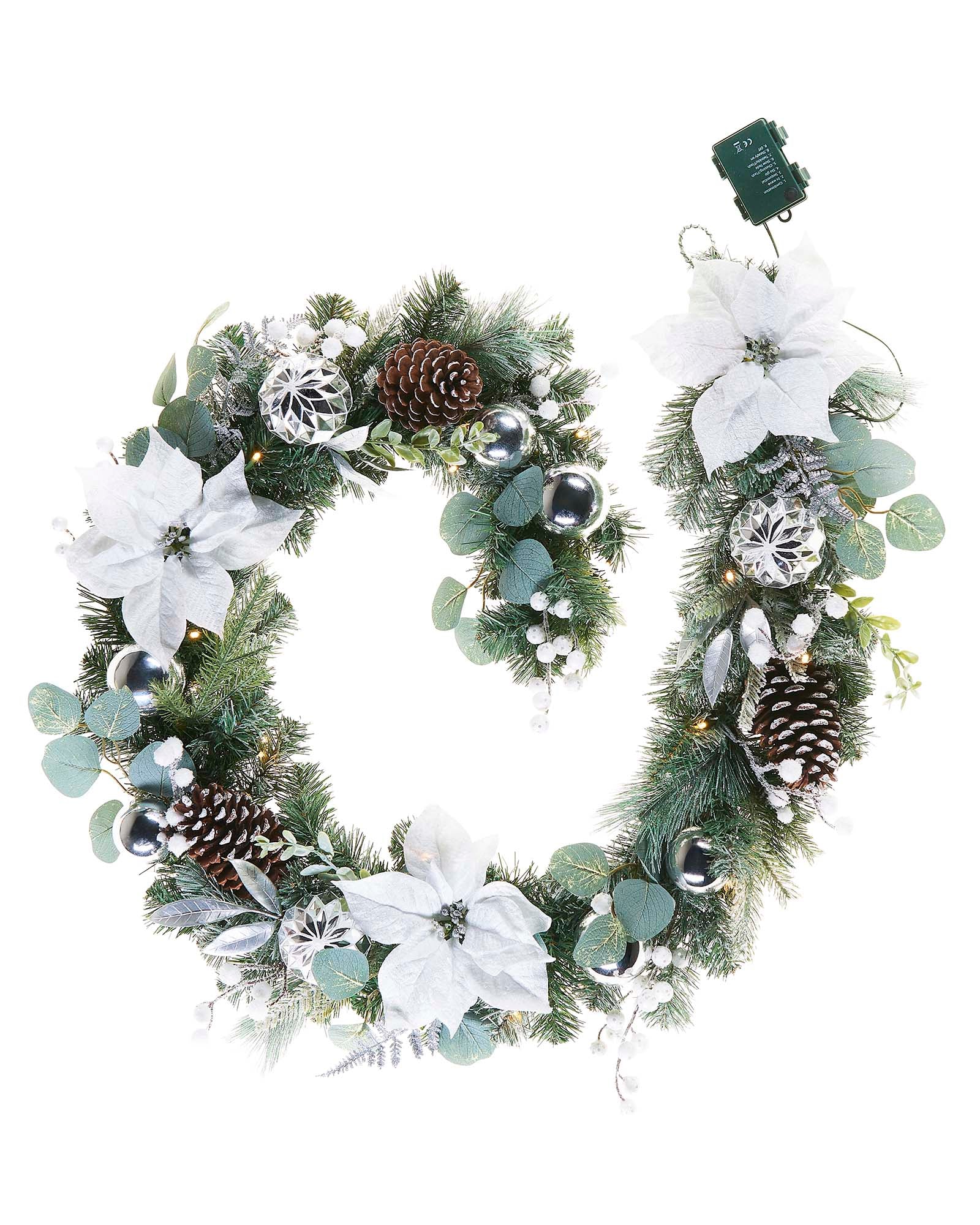 Pre-Lit Decorated Frosted Garland & Wreath, White/Silver