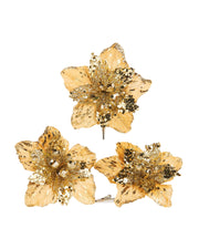 Set of 3 Gold Artificial Poinsettia Flowers with Clip, 12 cm
