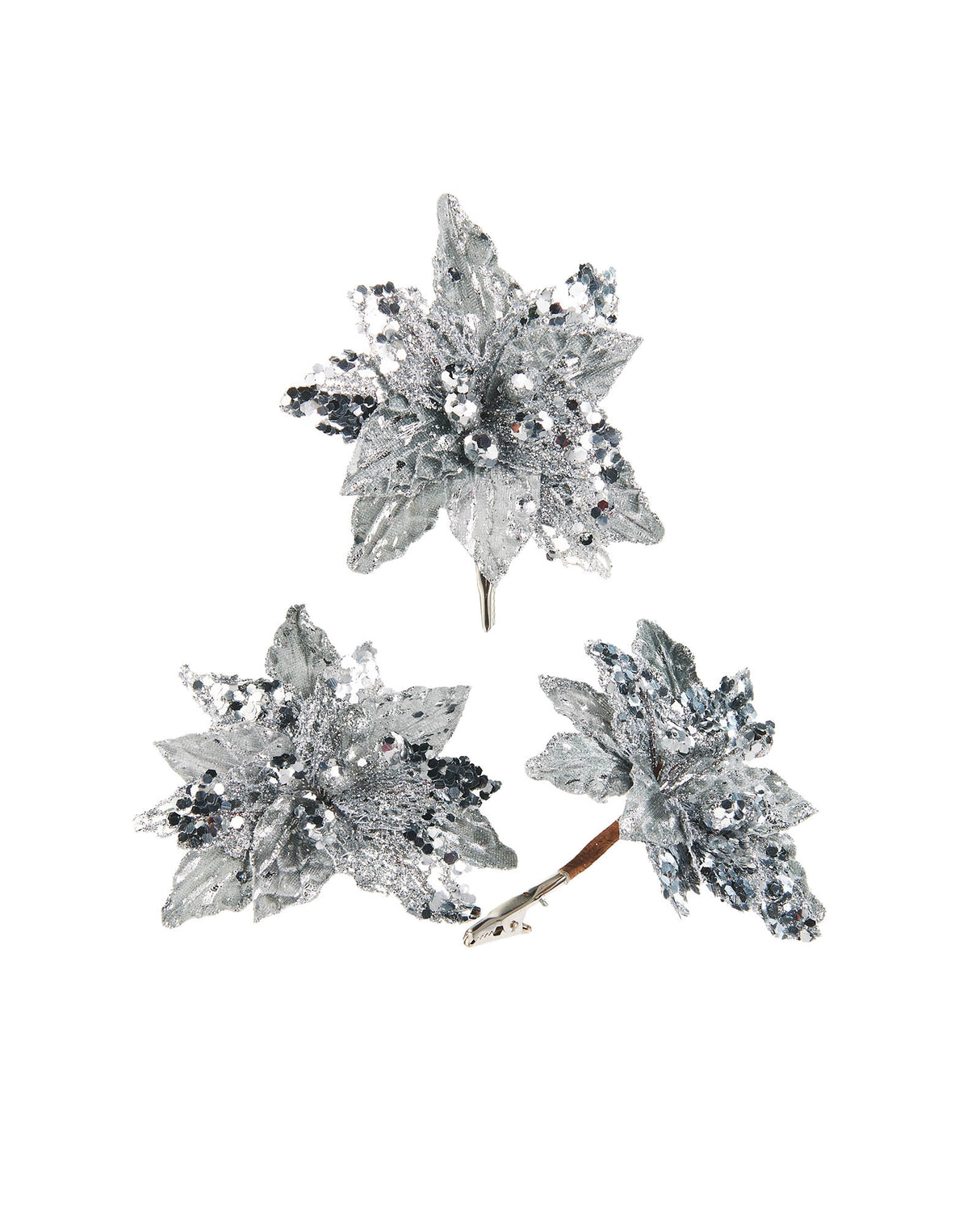 Artificial Silver Poinsettia Flower with Clip, 3 Pack, 12 cm